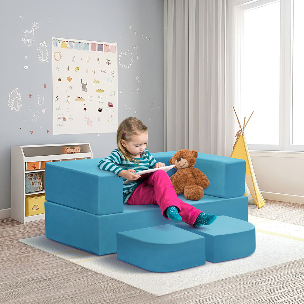 JP Outdoor 4PCS Modular Kids Play Couch Filled with 100% 28D Sponge,Toddler Nugget Convertible Couch，Blue