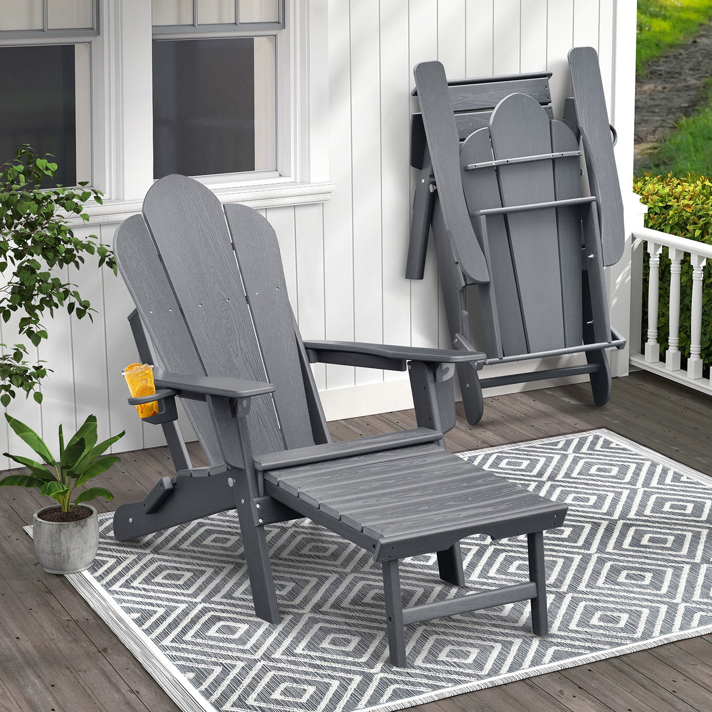 JP OUTDOOR Folding Adjustable Adirondack Chair with Ottoman & Cup Holder,HDEP Multifunctional Adirondack Chair with Footrest,Gray