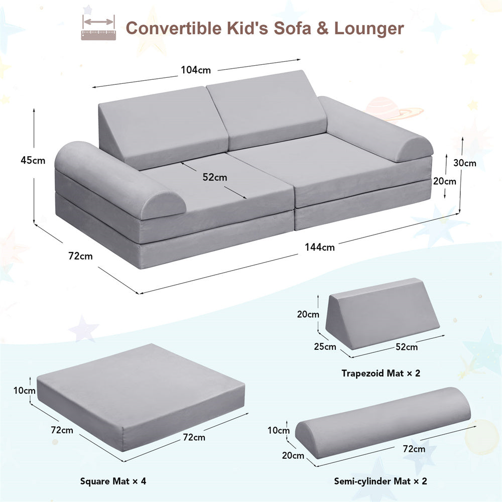 JP Outdoor Modular Kids Play Couch, 8PCS Nugget Couch for Building Fort, Toddler Play Sponge Convertible Couch，Gray
