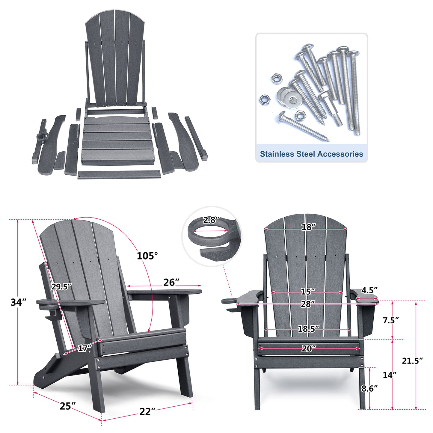 JP OUTDOOR Outdoor Folding Adirondack Chair, Patio Resin Adirondack Chair with Cup Holder, Dark Gray