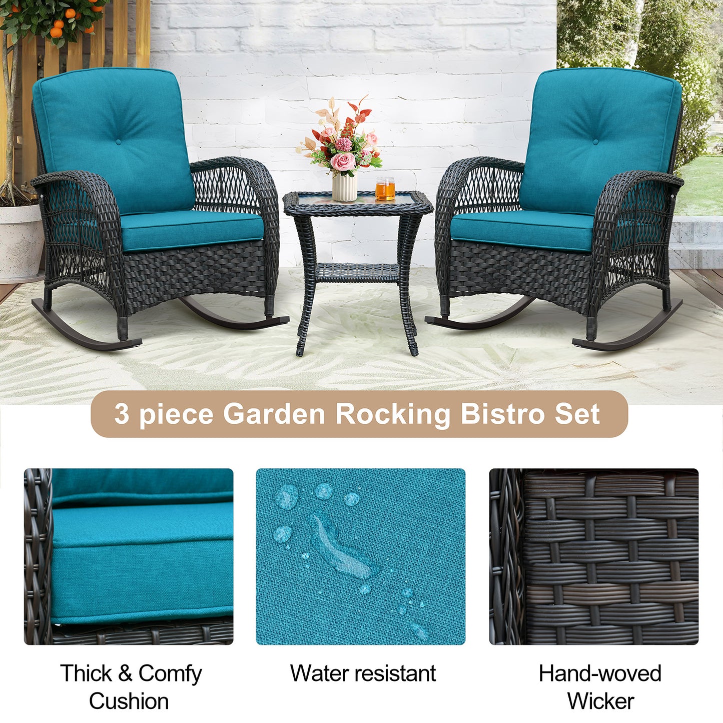 JP Outdoor 3Pcs Indoor or Outdoor Wicker Rocking Porch Chair,Cyan Blue