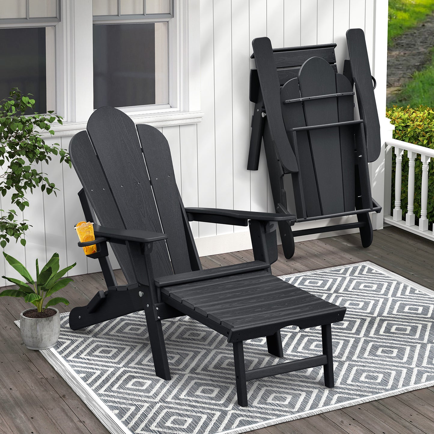 JP OUTDOOR Folding Adjustable Adirondack Chair with Ottoman & Cup Holder,HDEP Multifunctional Adirondack Chair with Footrest,Black