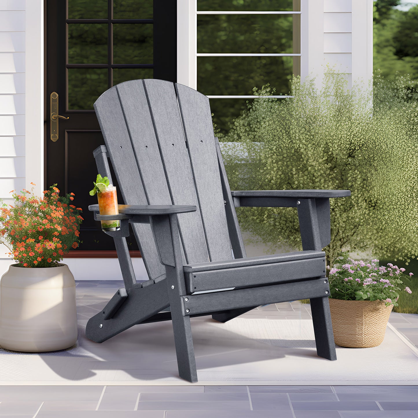 JP OUTDOOR Patio Adirondack Chairs Set of 3, Patio Resin Adirondack Chairs with Side Table, Dark Grey
