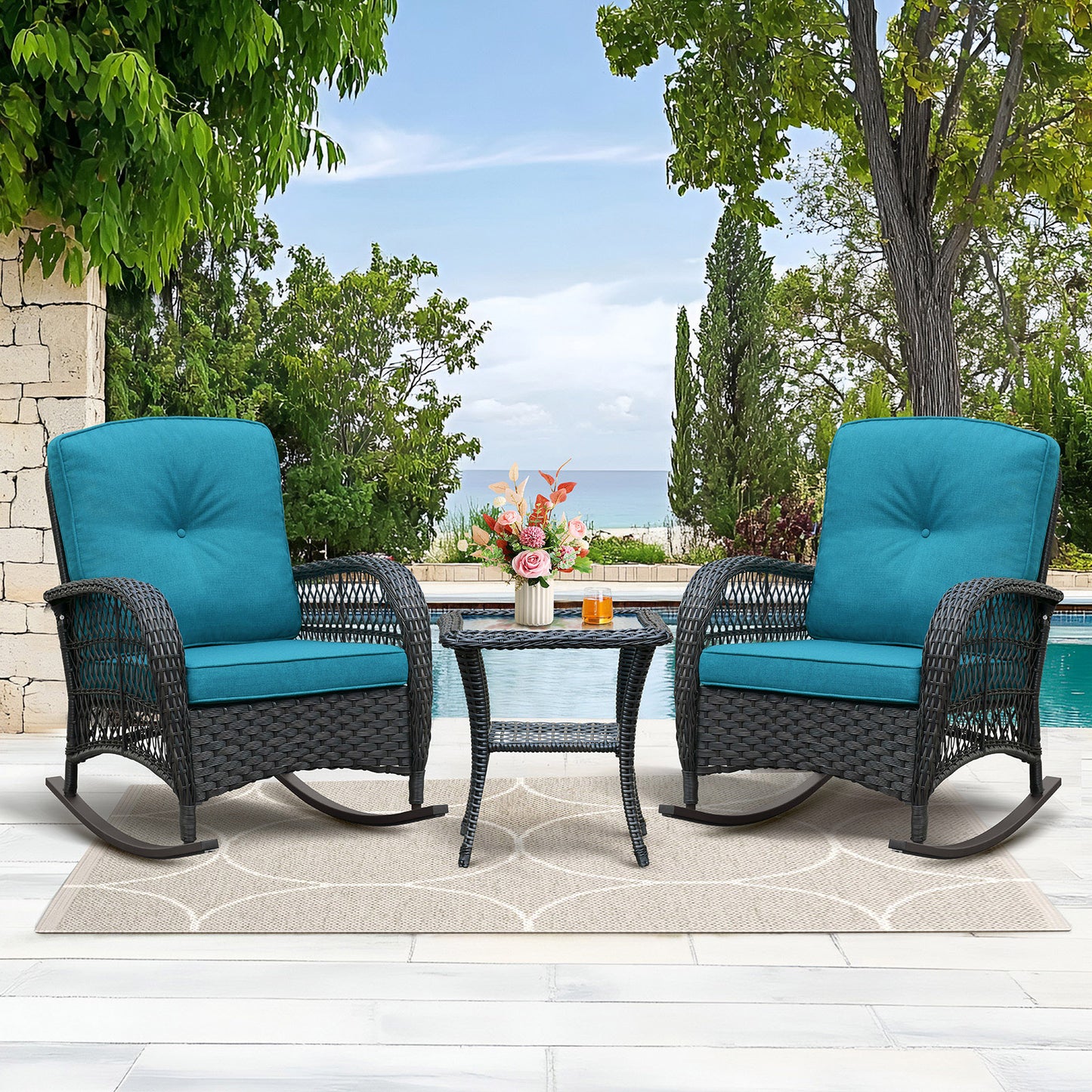 JP Outdoor 3Pcs Indoor or Outdoor Wicker Rocking Porch Chair,Cyan Blue