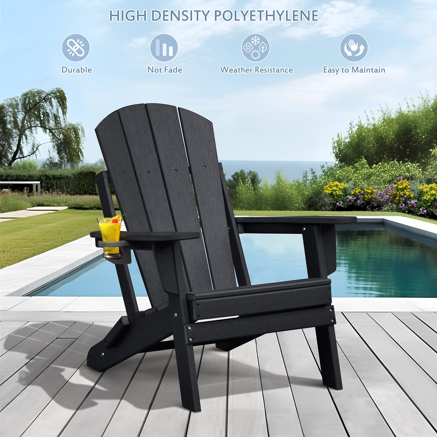 JP OUTDOOR Outdoor Folding HDPE Adirondack Chair, Patio Resin Adirondack Chair with Cup Holder,Black
