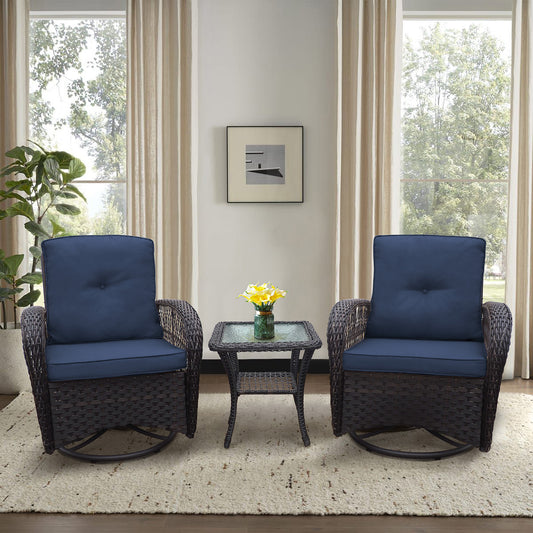 JP Outdoor 3PCS Indoor Outdoor Swivel Rocker, Rattan Rocker Bistro Sets with Table, Navy Blue