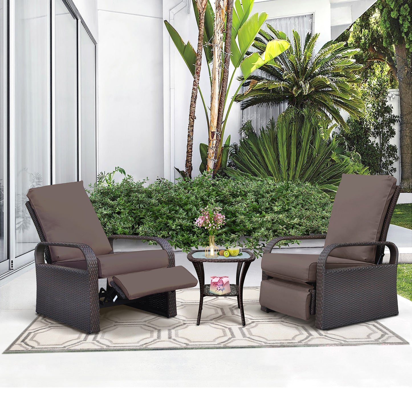 JP Outdoor Outdoor Aluminum Frame Adjustable Wicker Recliner Chair with Fade Resistant Cushion, Brown