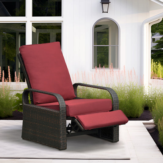 JP Outdoor Adjustable Reclining Outdoor Furniture, Patio Wicker Recliner Chair with Fade Resistant Cushion, Red