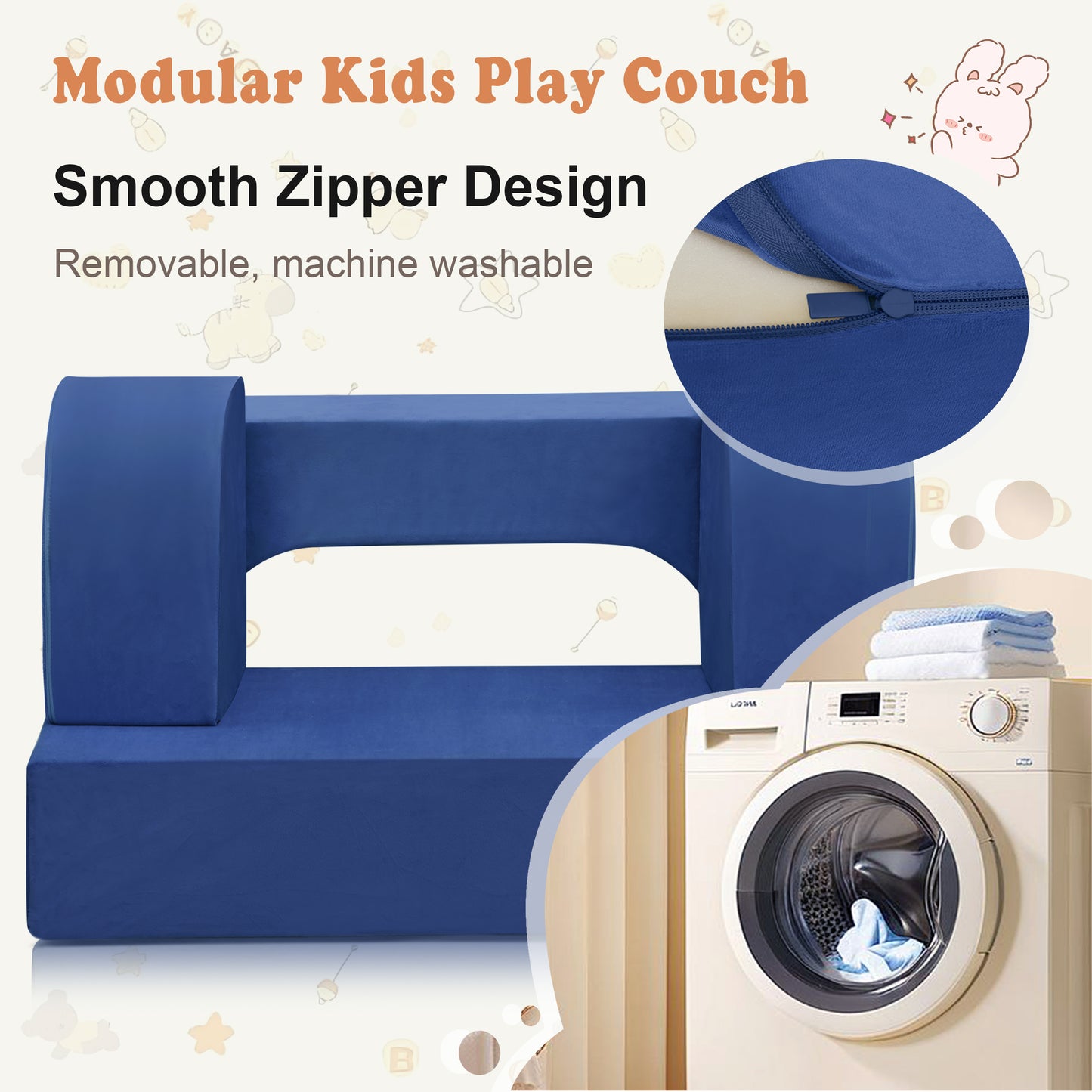 JP Outdoor 4PCS Modular Kids Play Couch Filled with 100% 28D Sponge,Toddler Nugget Convertible Couch，Navy Blue