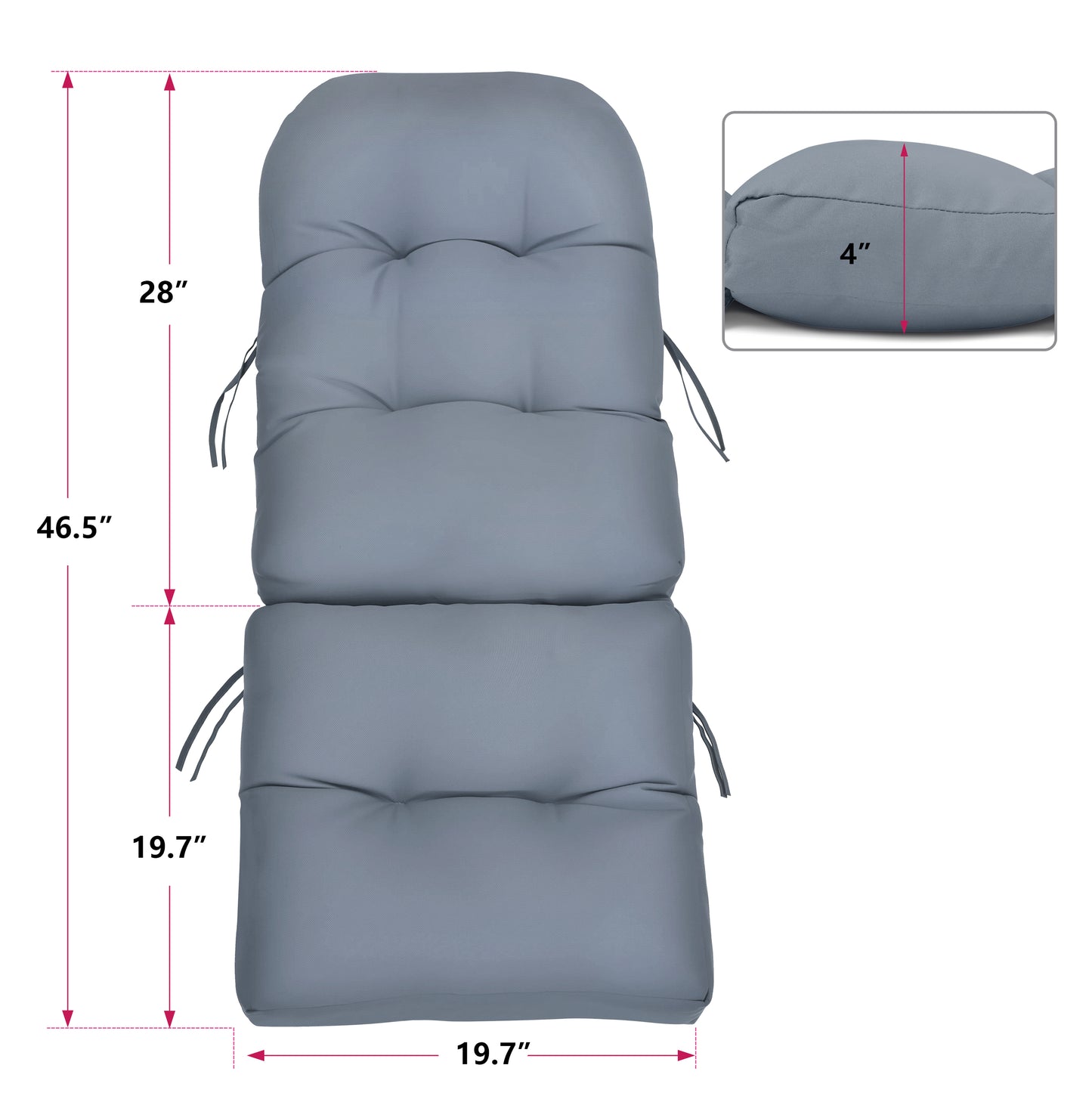 JP Outdoor Adirondack Chair Cushions,Indoor Rocking Chair Cushions 46.5x19.7x4 inch, High Back Patio Seat Cushions of Upper and Lower with Ties, Grey