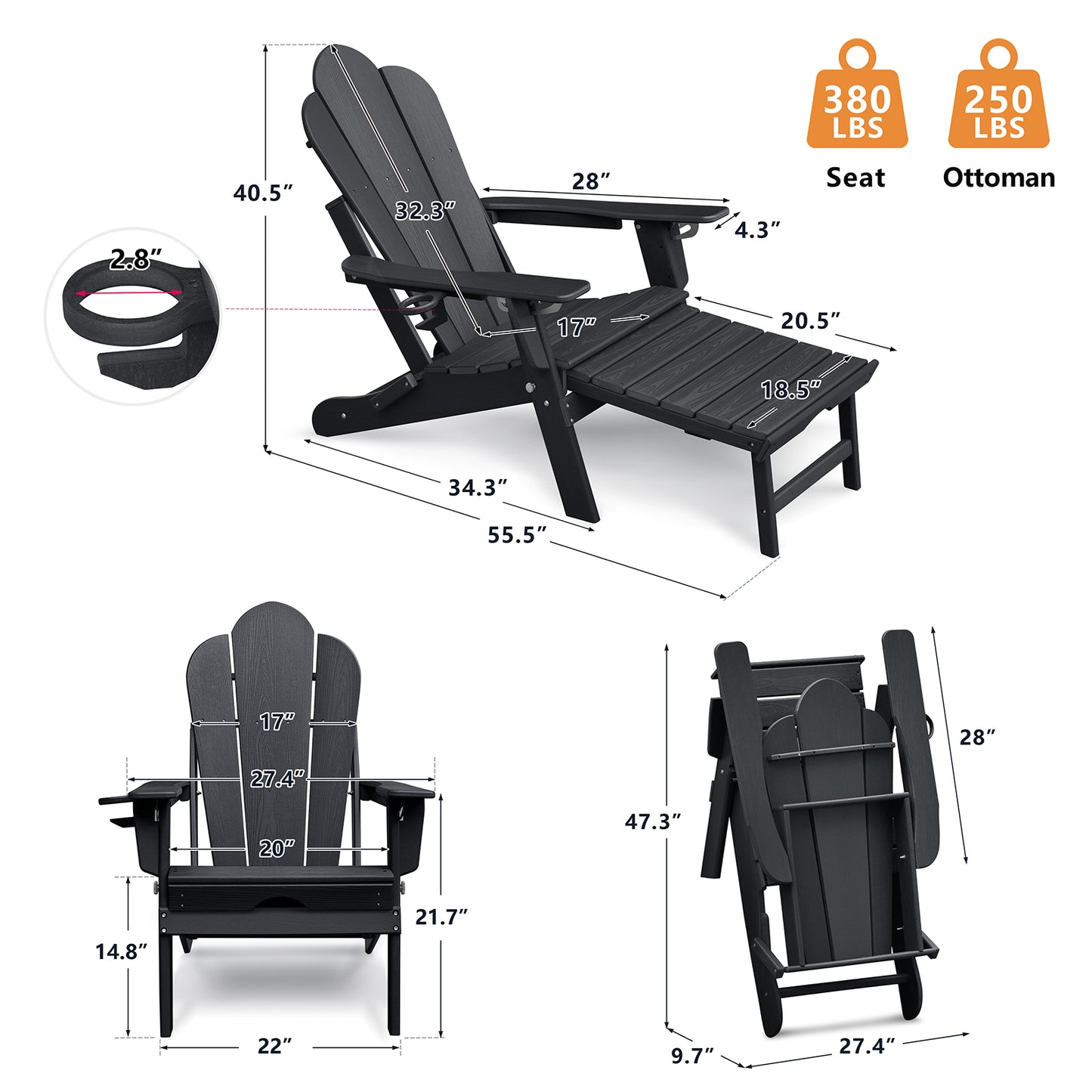 JP OUTDOOR Folding Adjustable Adirondack Chair with Ottoman & Cup Holder,HDEP Multifunctional Adirondack Chair with Footrest,Black