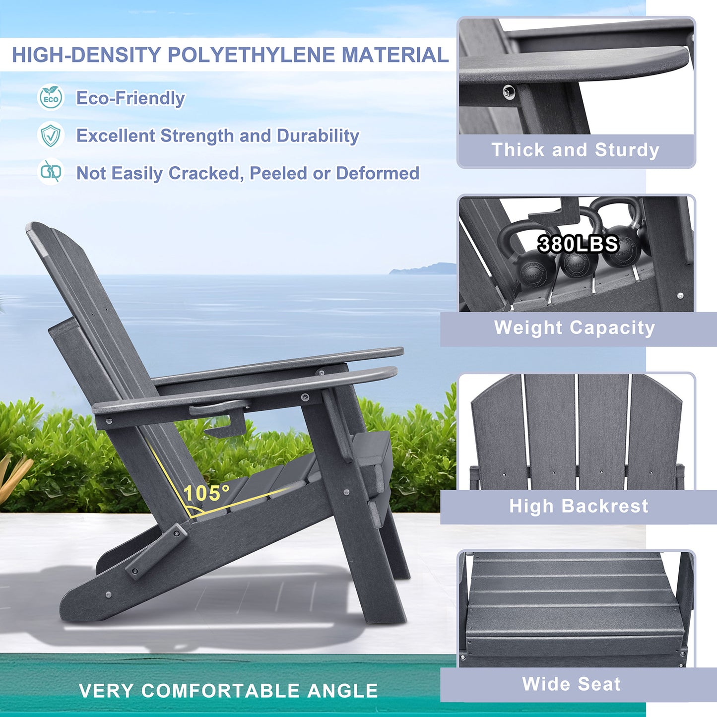 JP OUTDOOR Patio Adirondack Chairs Set of 3, Patio Resin Adirondack Chairs with Side Table, Dark Grey