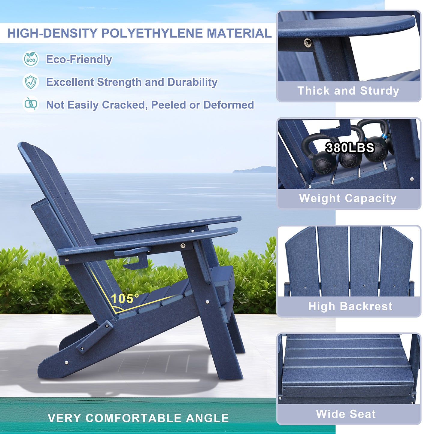 JP OUTDOOR Outdoor Folding HDPE Adirondack Chair, Patio Resin Adirondack Chair with Cup Holder, Blue