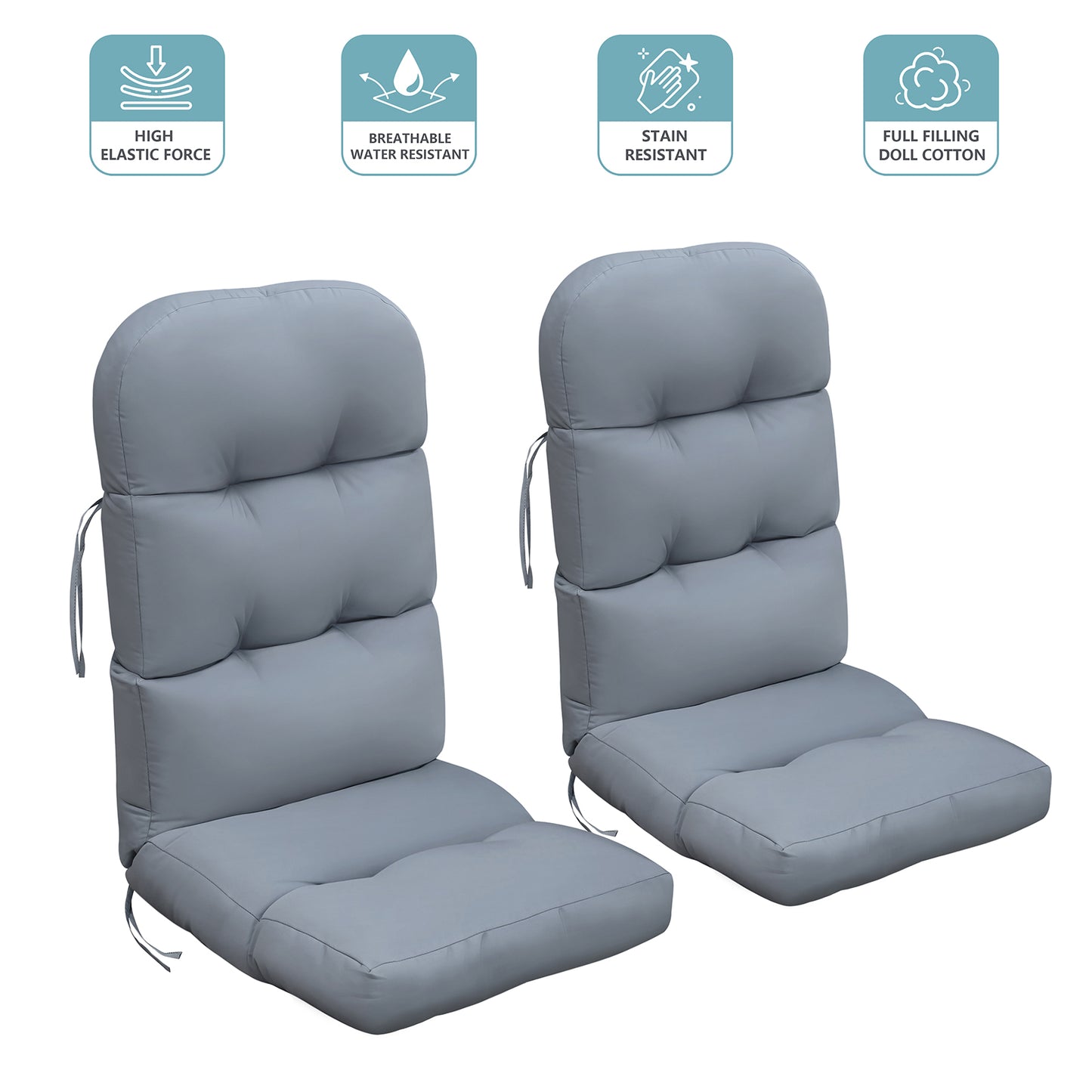JP Outdoor Adirondack Chair Cushions,Indoor Rocking Chair Cushions 46.5x19.7x4 inch, High Back Patio Seat Cushions of Upper and Lower with Ties, Grey