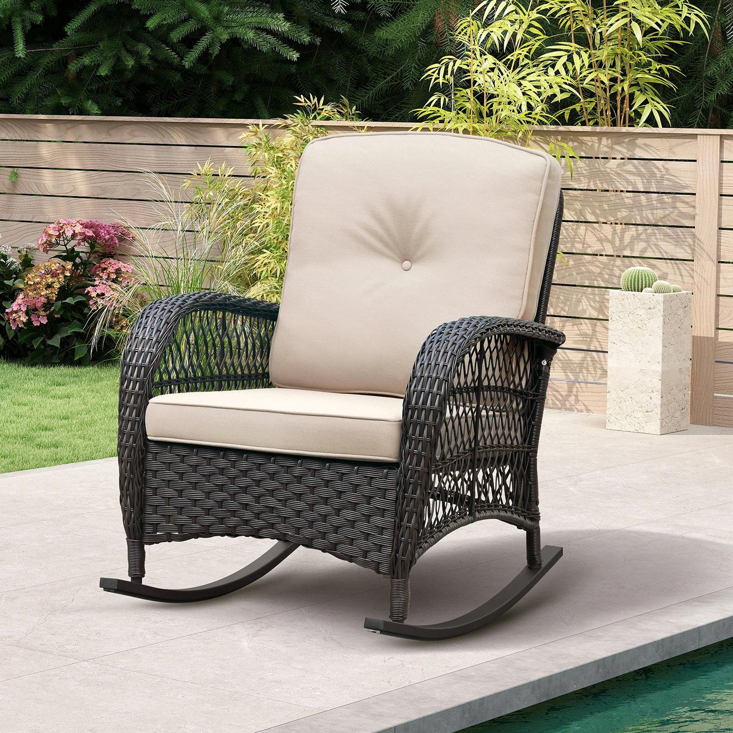 JP Outdoor Modern Farmhouse Wicker Rocking Chair for Outdoor Patio,Khaki（Brown Wicker)