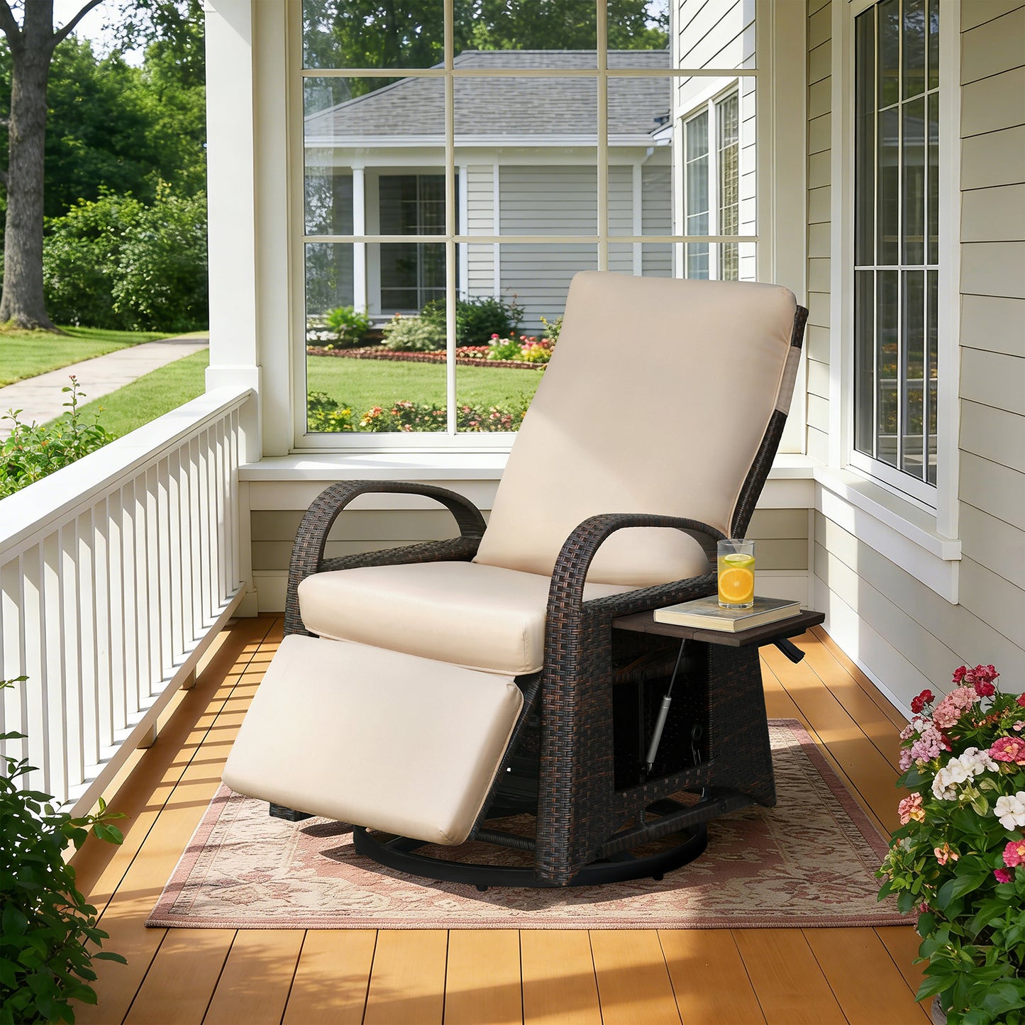 JP Outdoor Outdoor Patio Recliner Swivel Rocker Chair with Thickness Cushion,Adjustable Backrest and Footrest,for Garden,Backyard,Khaki
