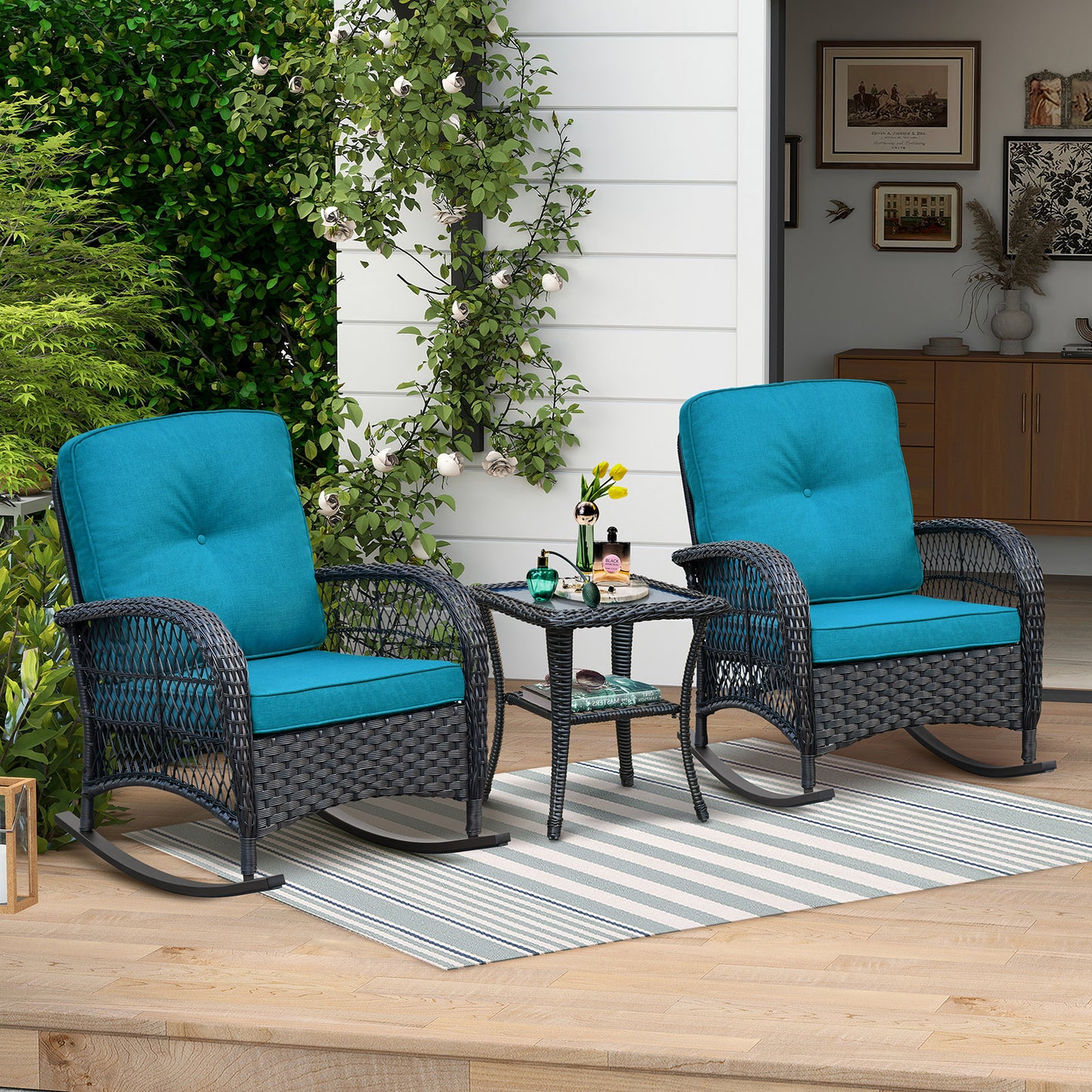 JP Outdoor 3Pcs Indoor or Outdoor Wicker Rocking Porch Chair,Cyan Blue