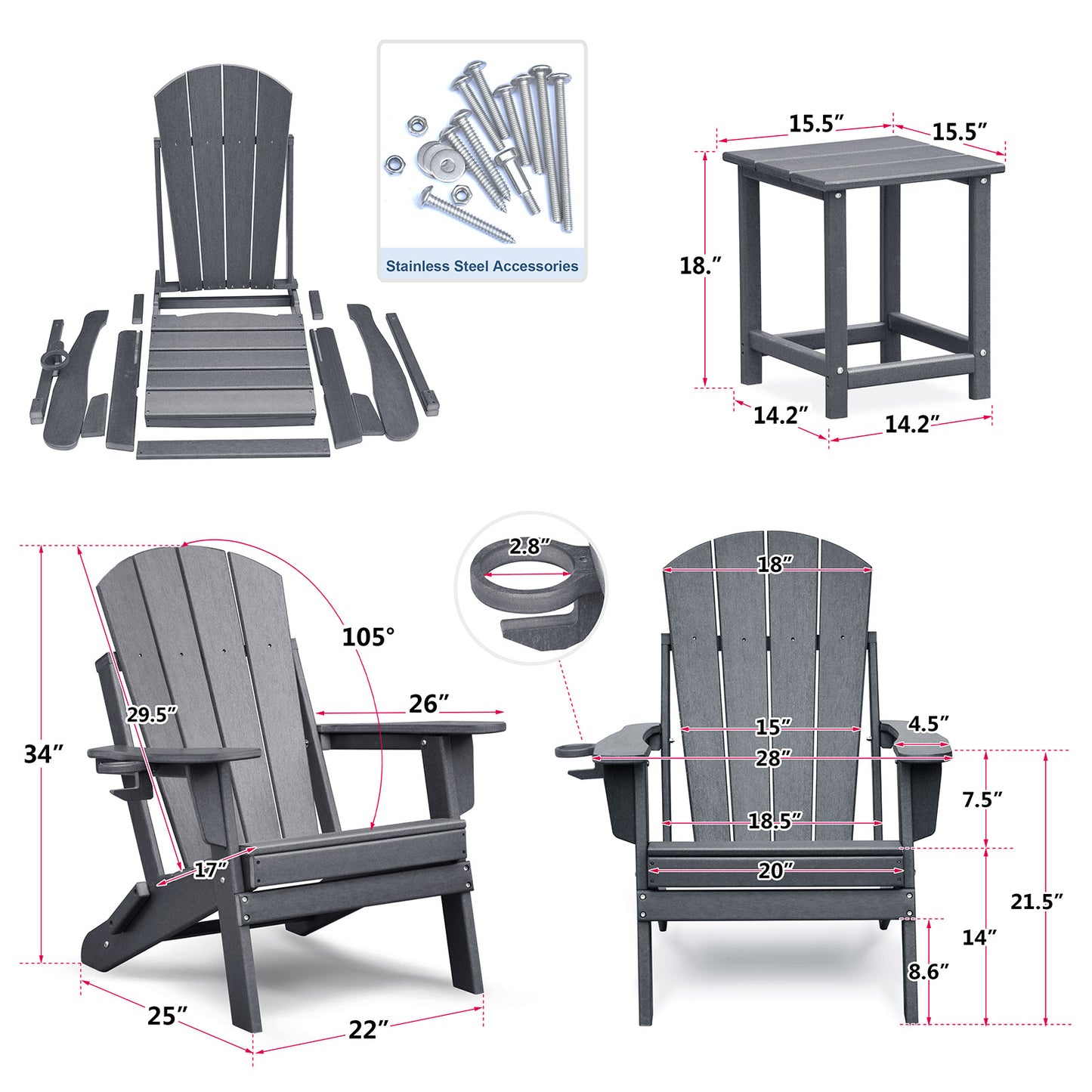 JP OUTDOOR Patio Adirondack Chairs Set of 3, Patio Resin Adirondack Chairs with Side Table, Dark Grey