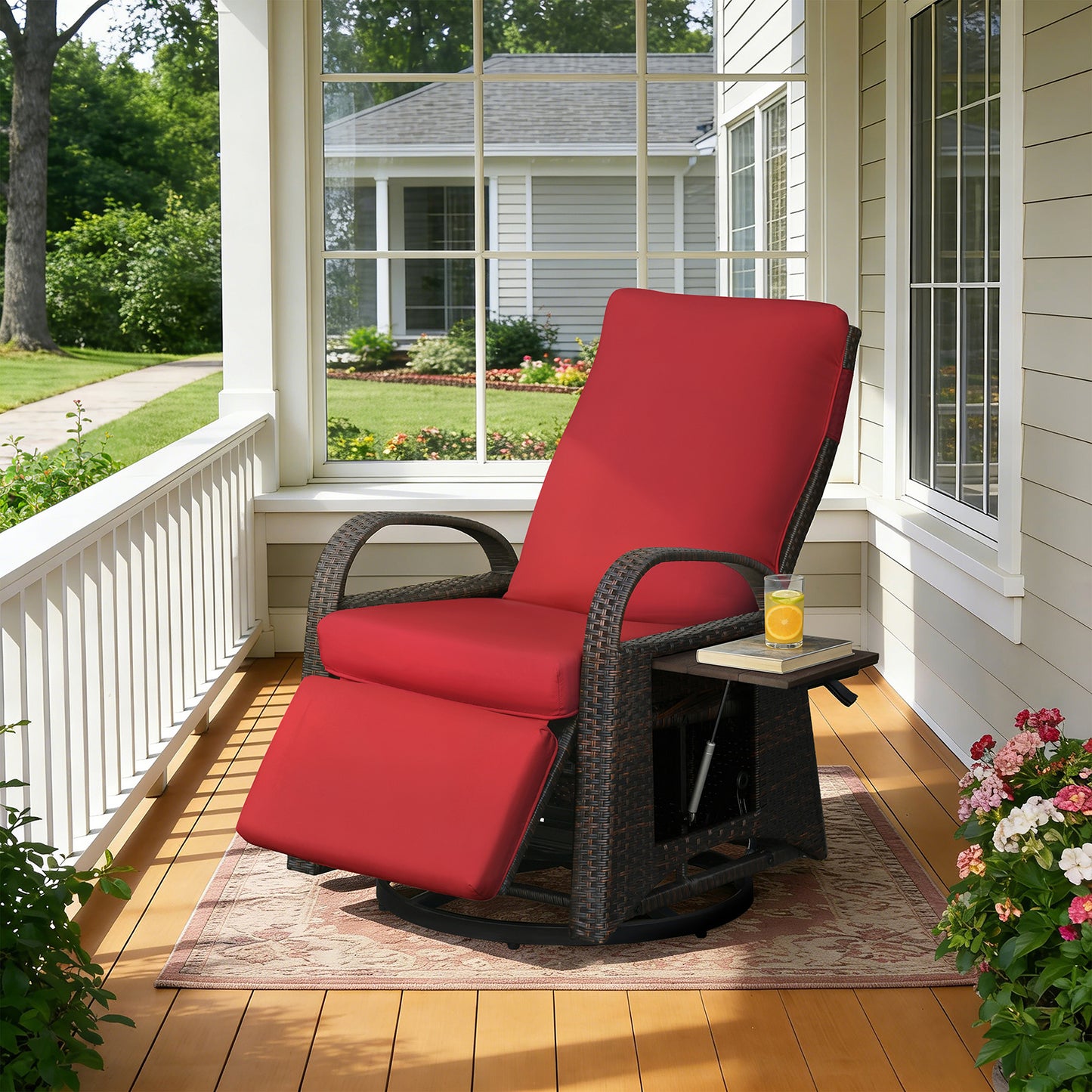 JP Outdoor Outdoor Patio Recliner Swivel Rocker Chair with Thickness Cushion,Adjustable Backrest and Footrest,for Garden,Backyard,Red