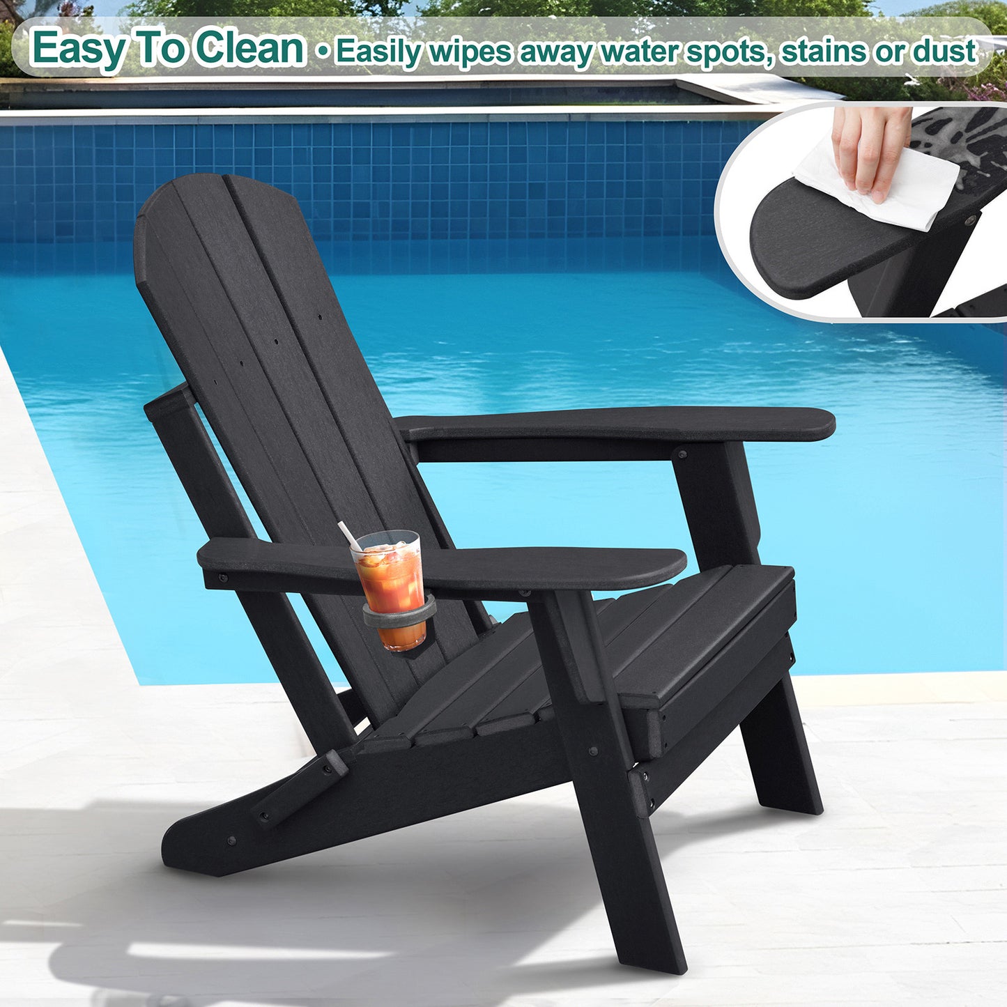 JP OUTDOOR Outdoor Folding HDPE Adirondack Chair, Patio Resin Adirondack Chair with Cup Holder,Black