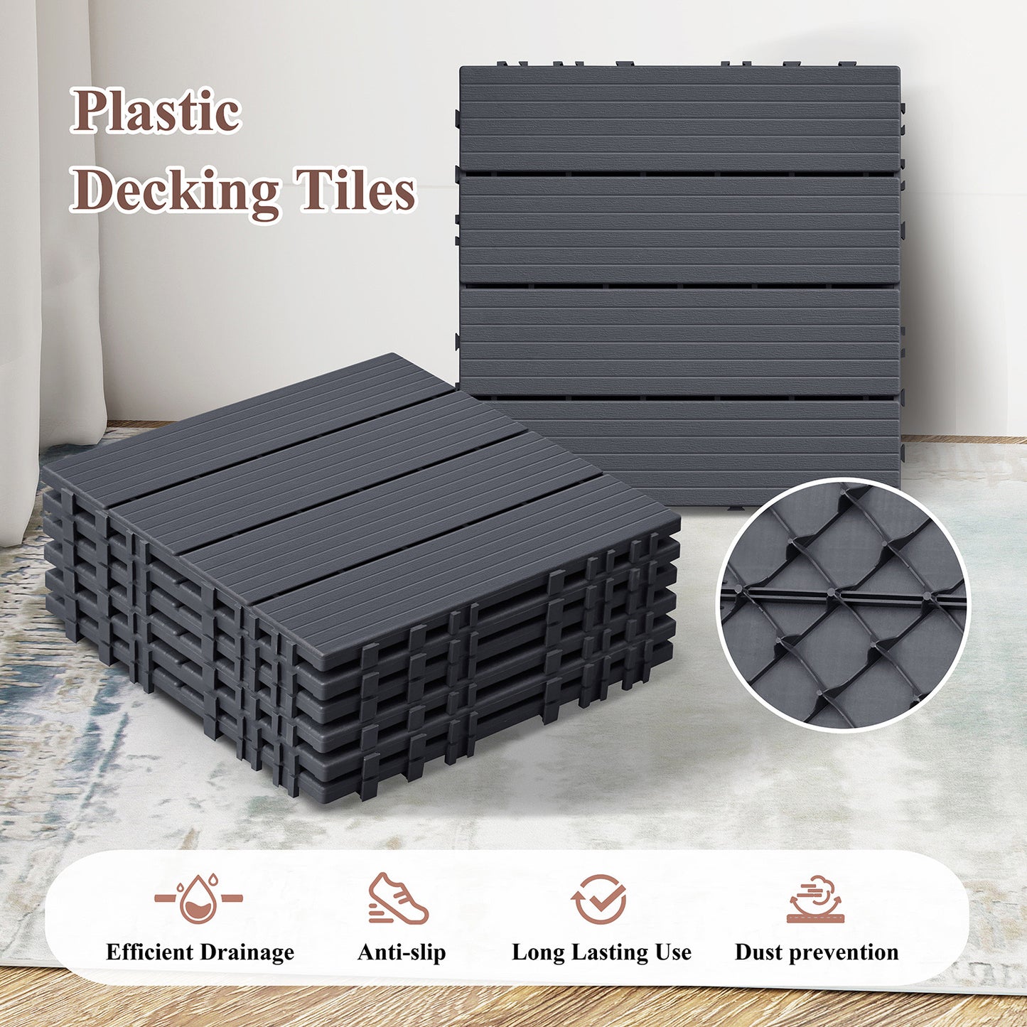 JP Outdoor Interlocking Deck Tiles, Outdoor Square Flooring Tiles,27 Pack,Grey