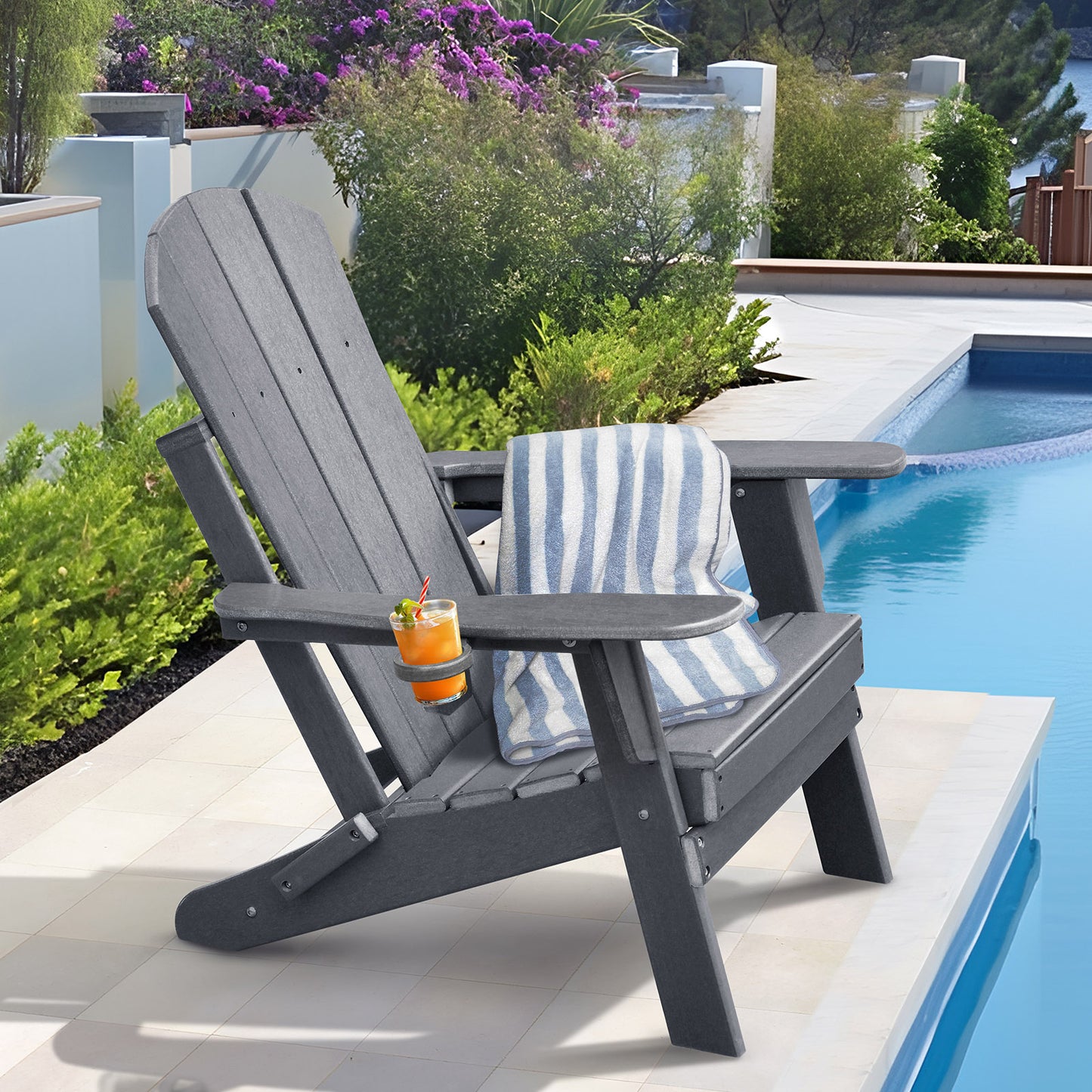 JP OUTDOOR Outdoor Folding Adirondack Chair, Patio Resin Adirondack Chair with Cup Holder, Dark Gray