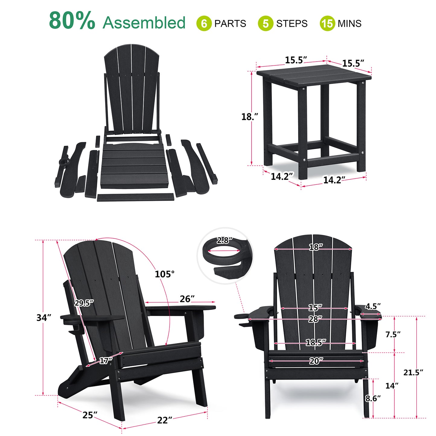 JP OUTDOOR Patio Adirondack Chairs Set of 3, Patio Resin Adirondack Chair with Cup Holder,Black