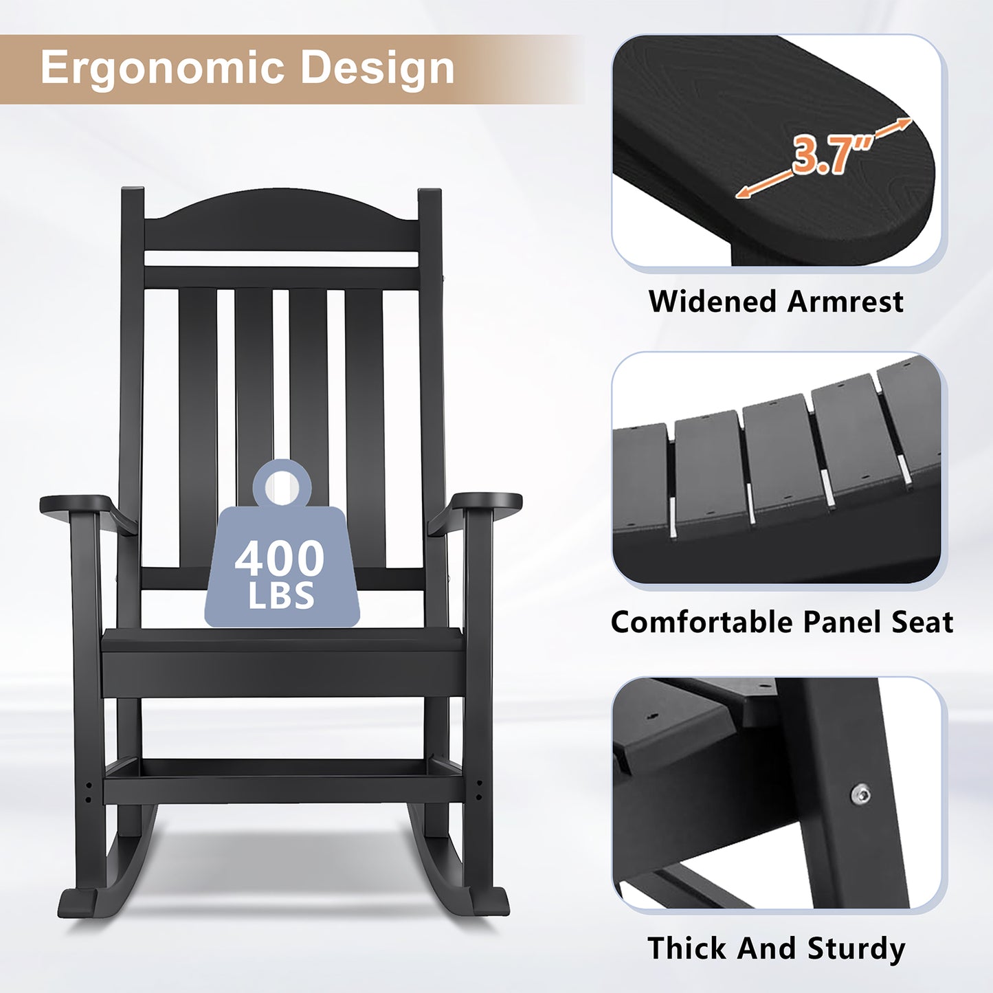 JP OUTDOOR Patio HDPE Rocking Chair,Outdoor Rocking Chair,Black