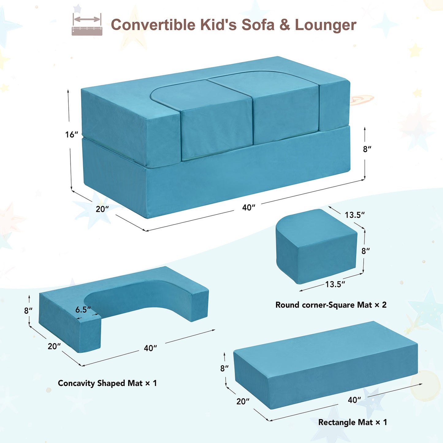 JP Outdoor 4PCS Modular Kids Play Couch Filled with 100% 28D Sponge,Toddler Nugget Convertible Couch，Blue