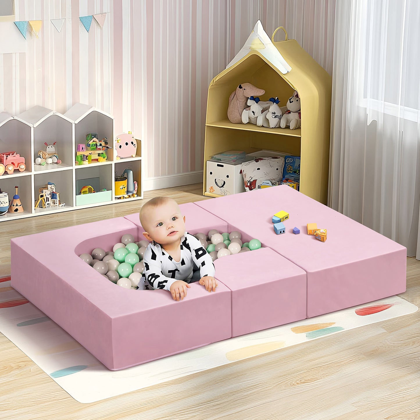 JP Outdoor 4PCS Modular Kids Play Couch Filled with 100% 28D Sponge,Toddler Nugget Convertible Couch，Pink