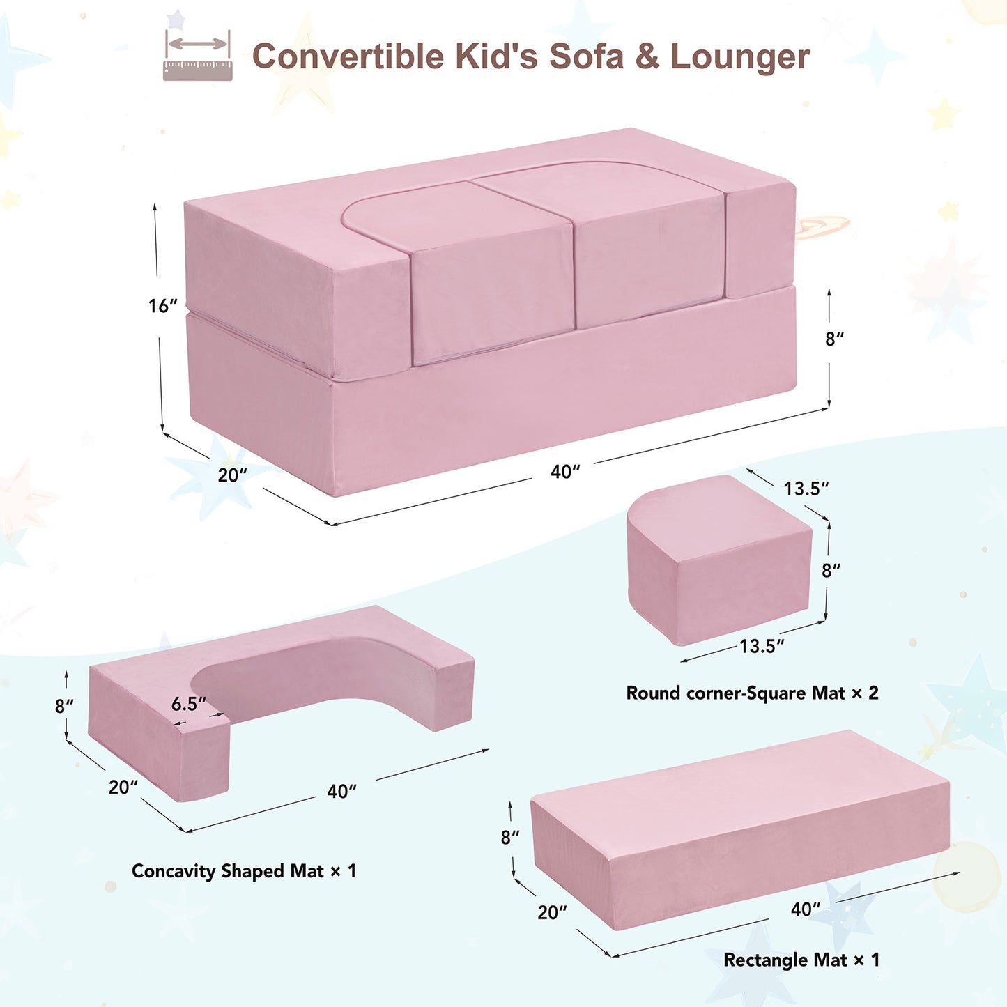 JP Outdoor 4PCS Modular Kids Play Couch Filled with 100% 28D Sponge,Toddler Nugget Convertible Couch，Pink