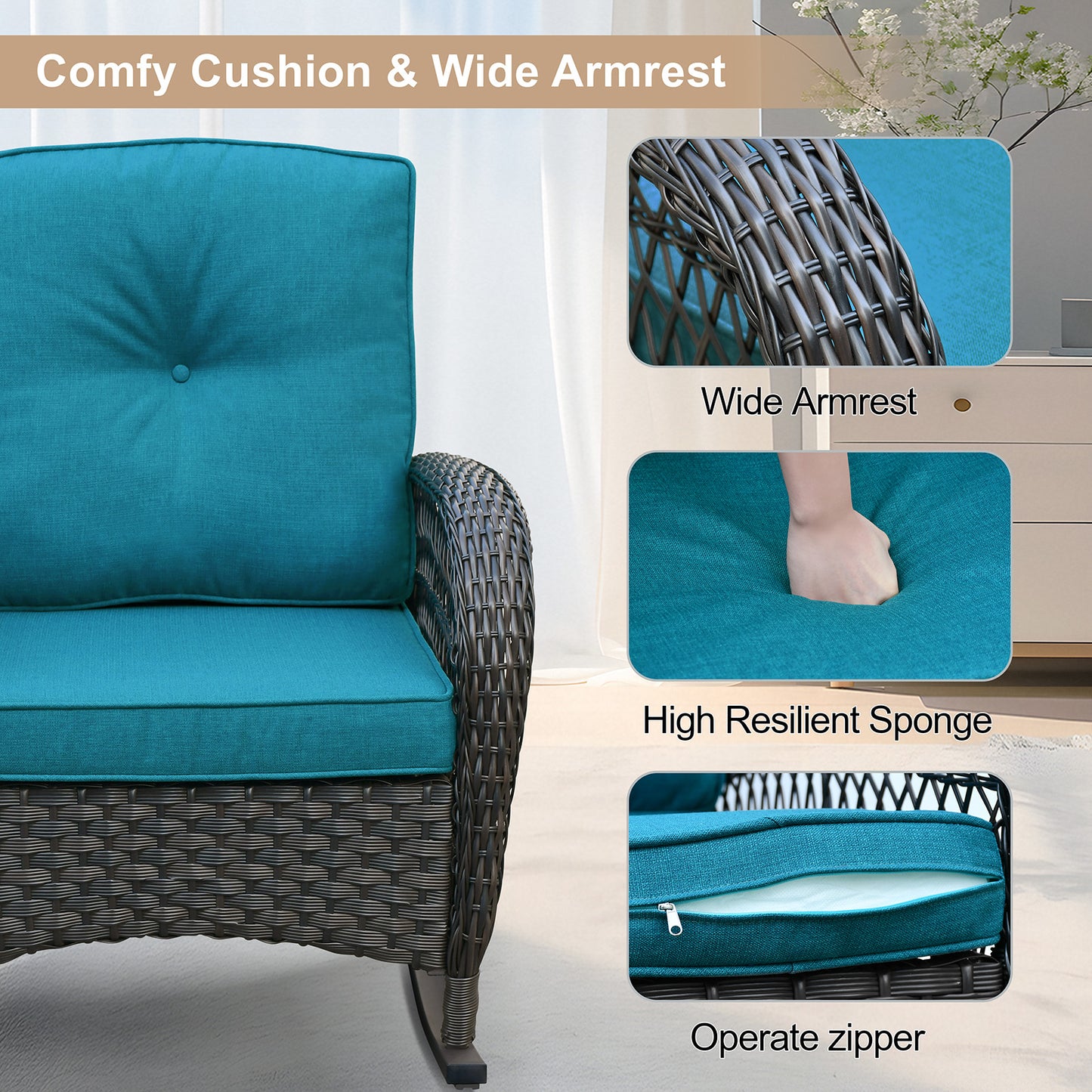 JP Outdoor 3Pcs Indoor or Outdoor Wicker Rocking Porch Chair,Cyan Blue
