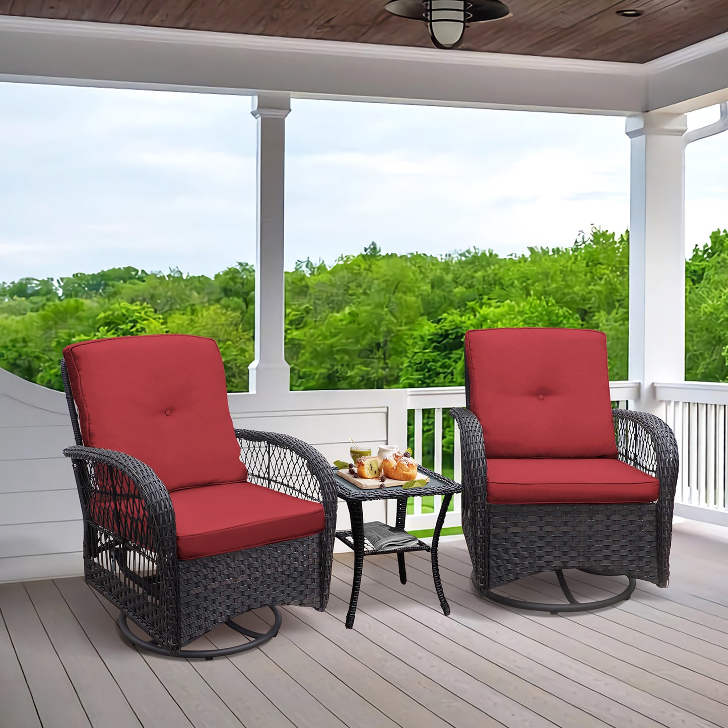 JP Outdoor Indoor or Outdoor Wicker Swivel Chairs Set of 3,Rattan Rocker Bistro Sets with Coffee Table,Red