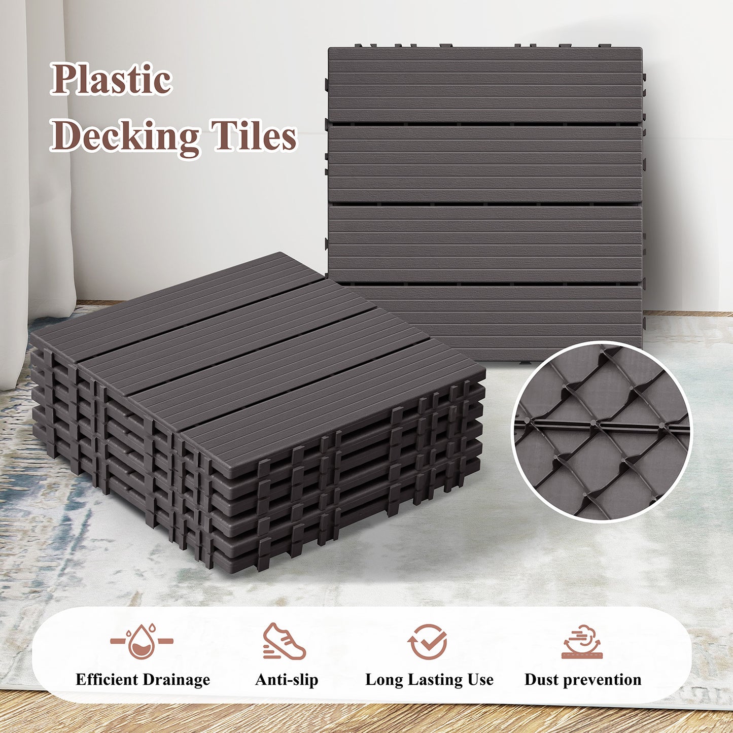 JP Outdoor Interlocking Deck Tiles, Outdoor Square Flooring Tiles,27 Pack,Coffee