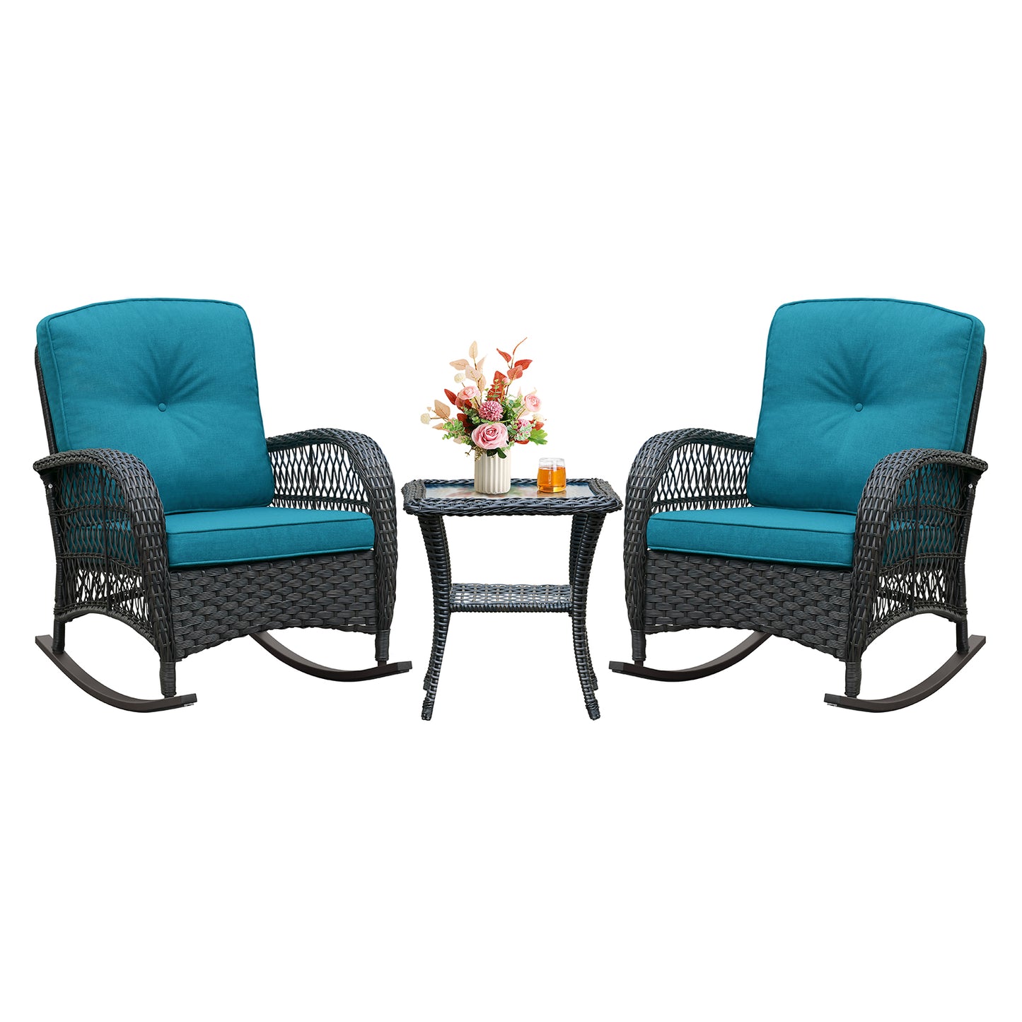 JP Outdoor 3Pcs Indoor or Outdoor Wicker Rocking Porch Chair,Cyan Blue