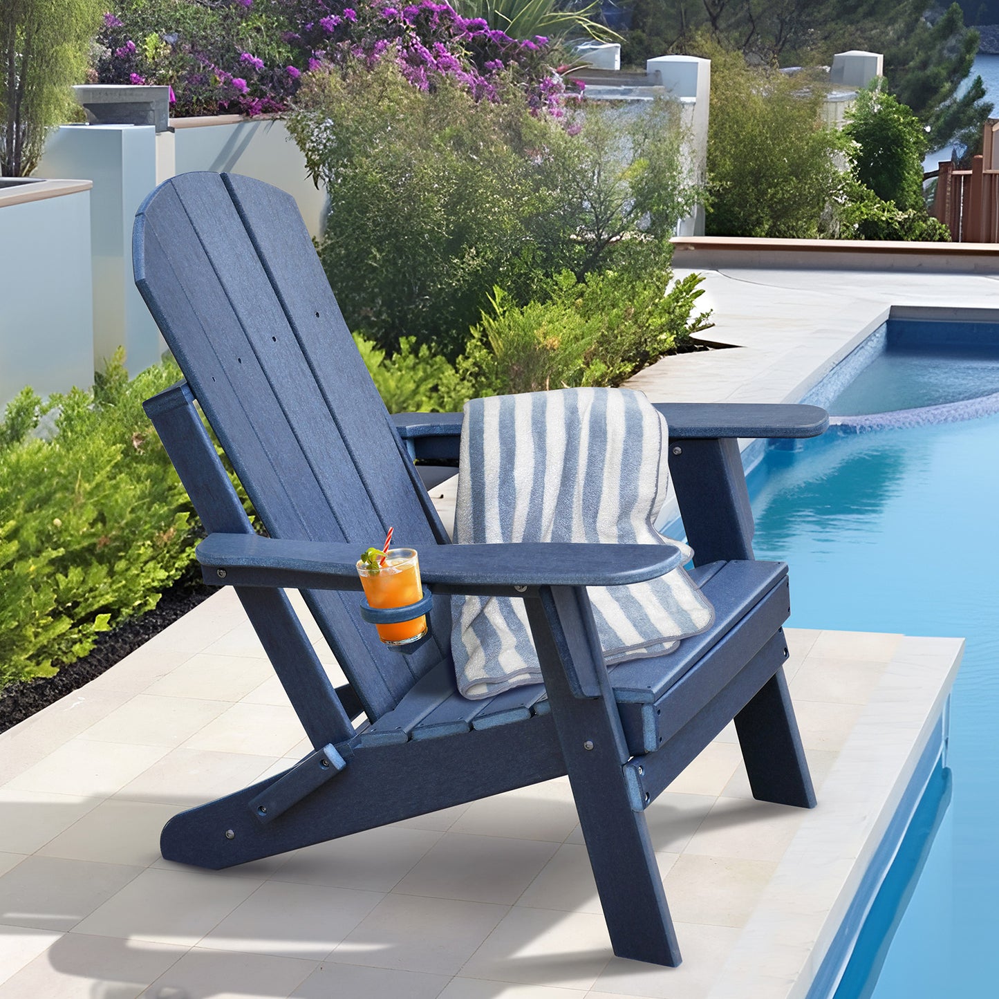 JP OUTDOOR Outdoor Folding HDPE Adirondack Chair, Patio Resin Adirondack Chair with Cup Holder, Blue