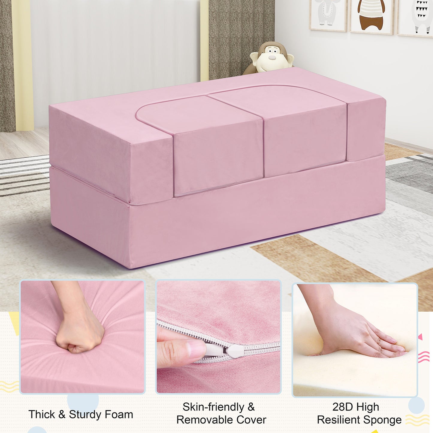 JP Outdoor 4PCS Modular Kids Play Couch Filled with 100% 28D Sponge,Toddler Nugget Convertible Couch，Pink