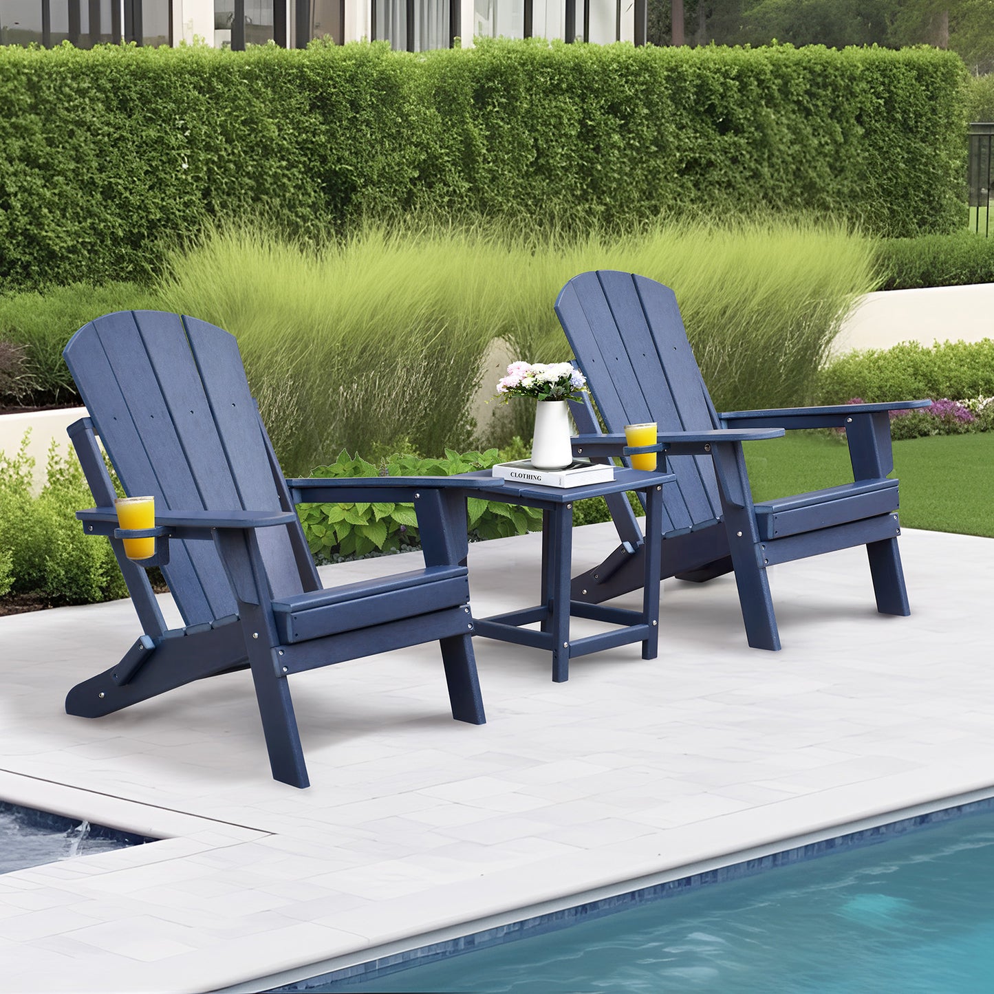 JP OUTDOOR Patio Foldable Adirondack Chairs Set of 3, Patio Resin Adirondack Chair with Cup Holder & Side Table , Blue