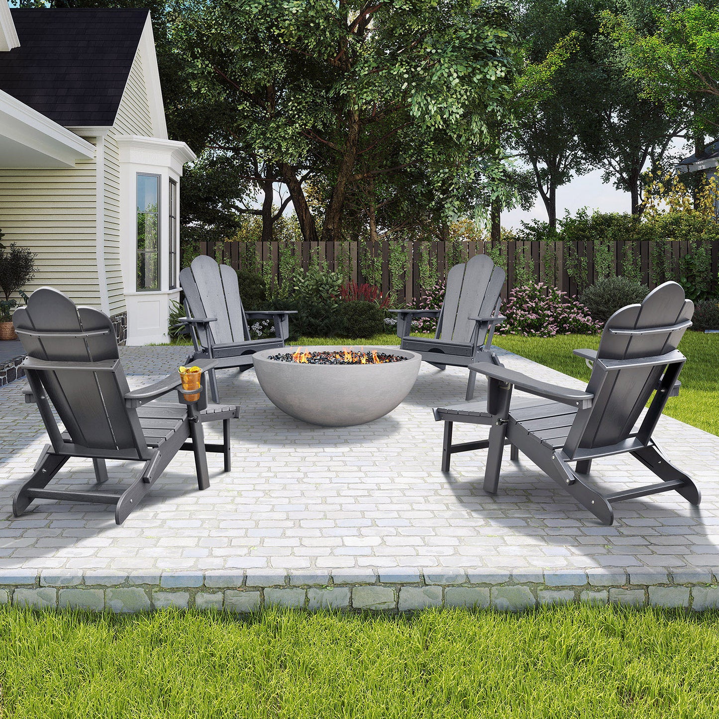 JP OUTDOOR Folding Adjustable Adirondack Chair with Ottoman & Cup Holder,HDEP Multifunctional Adirondack Chair with Footrest,Gray