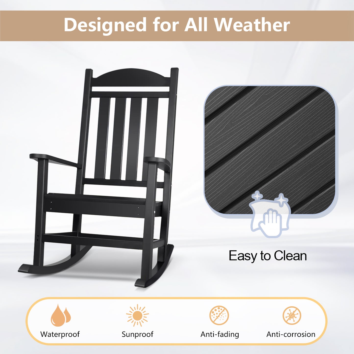 JP OUTDOOR Patio HDPE Rocking Chair,Outdoor Rocking Chair,Black
