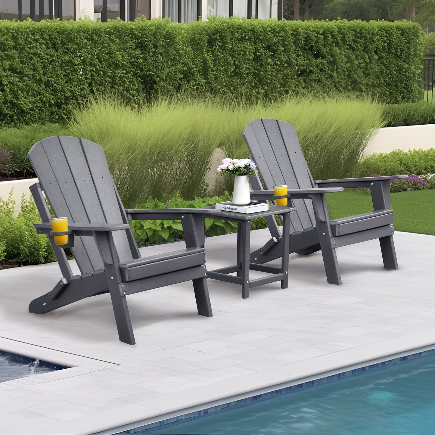 JP OUTDOOR Outdoor Folding Adirondack Chair, Patio Resin Adirondack Chair with Cup Holder, Dark Gray