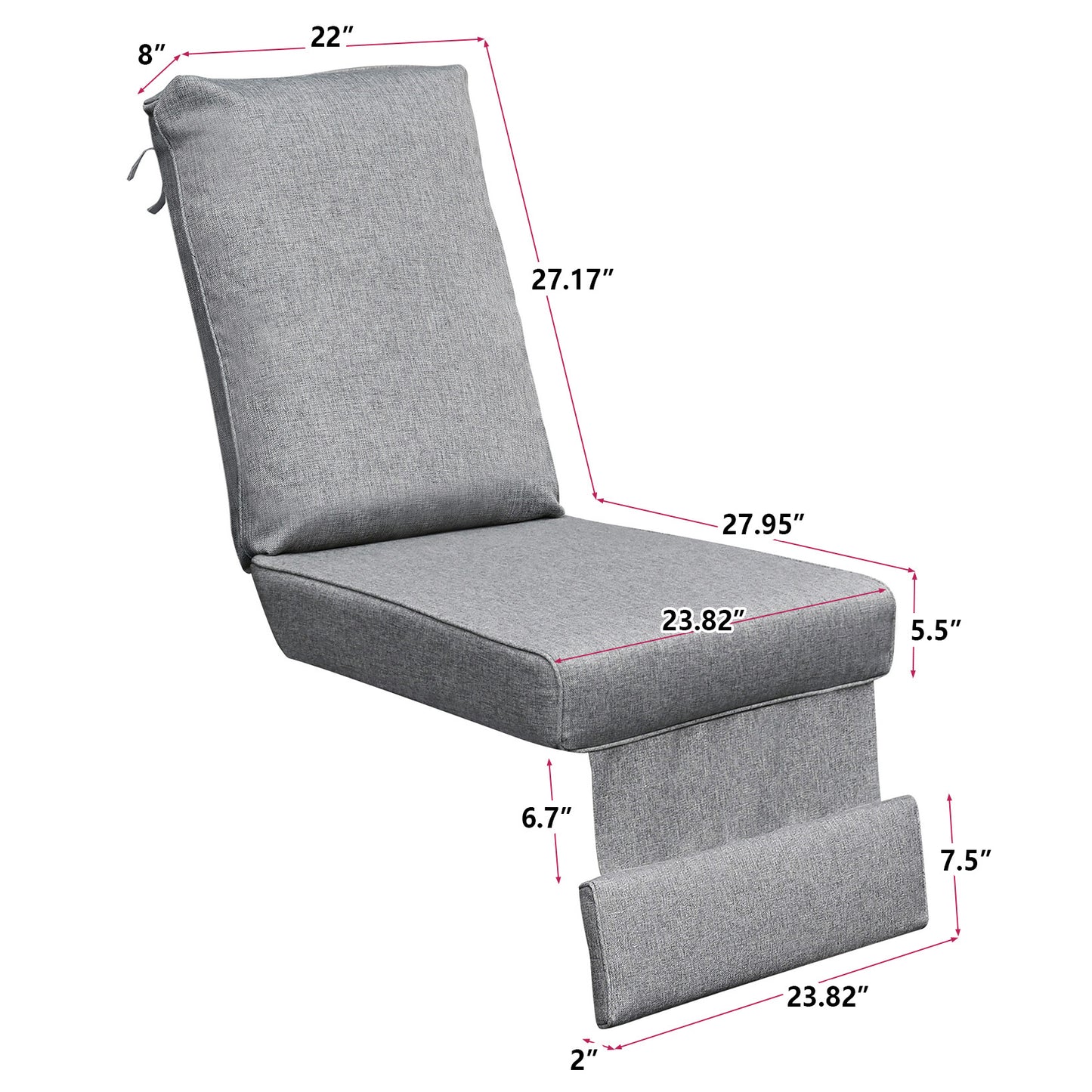 JP Outdoor Replacement Cushion for Indoor or Outdoor Recliner Chair,5.5” Thick, Anti-fade & Waterproof,Grey