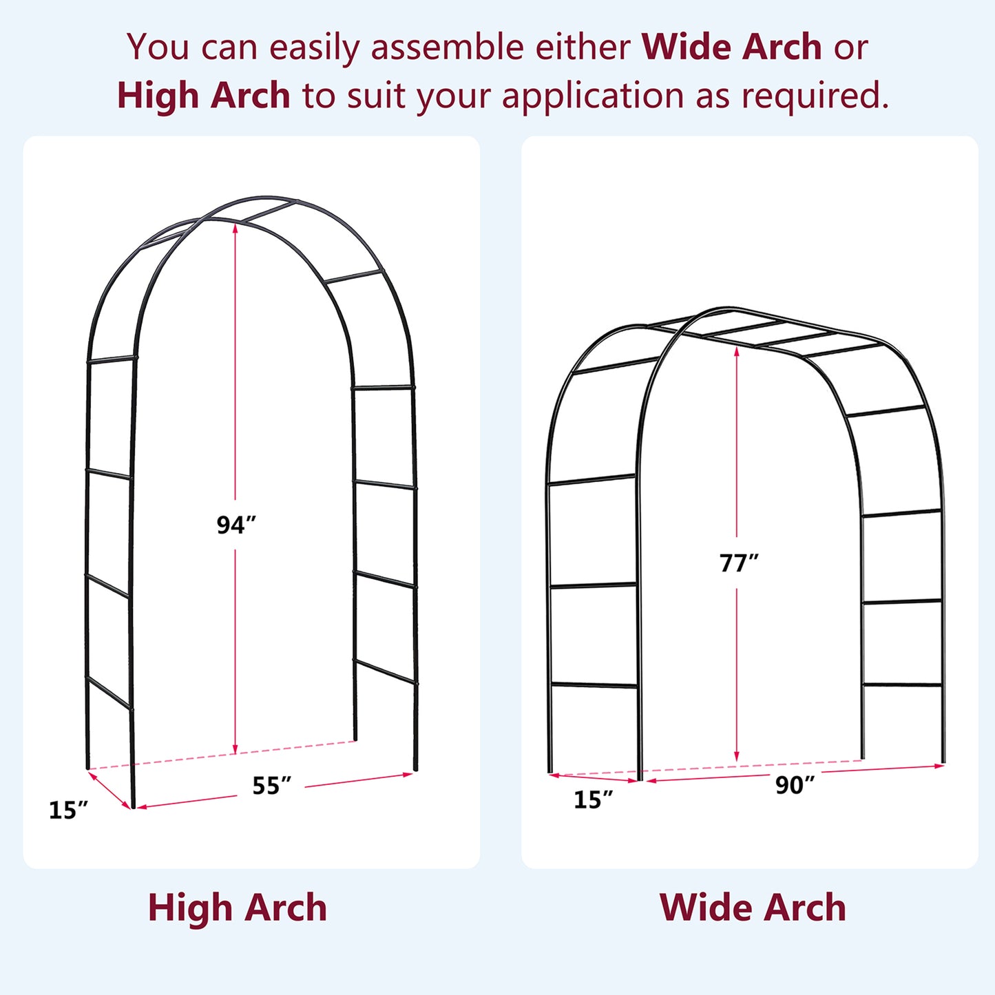 JP OUTDOOR 7'8" H x 4'5" W Patio Metal Garden Arch Trellis,Arbor Trellis for Climbing Plants Support or Wedding Decor，Black