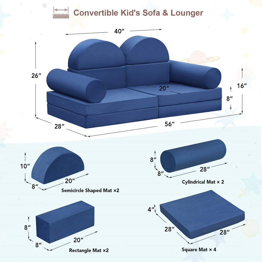 JP Outdoor Kids Nugget Couch Filled with 100% 28D Sponge,10PCS Toddler Modular Play Couch，Navy Blue