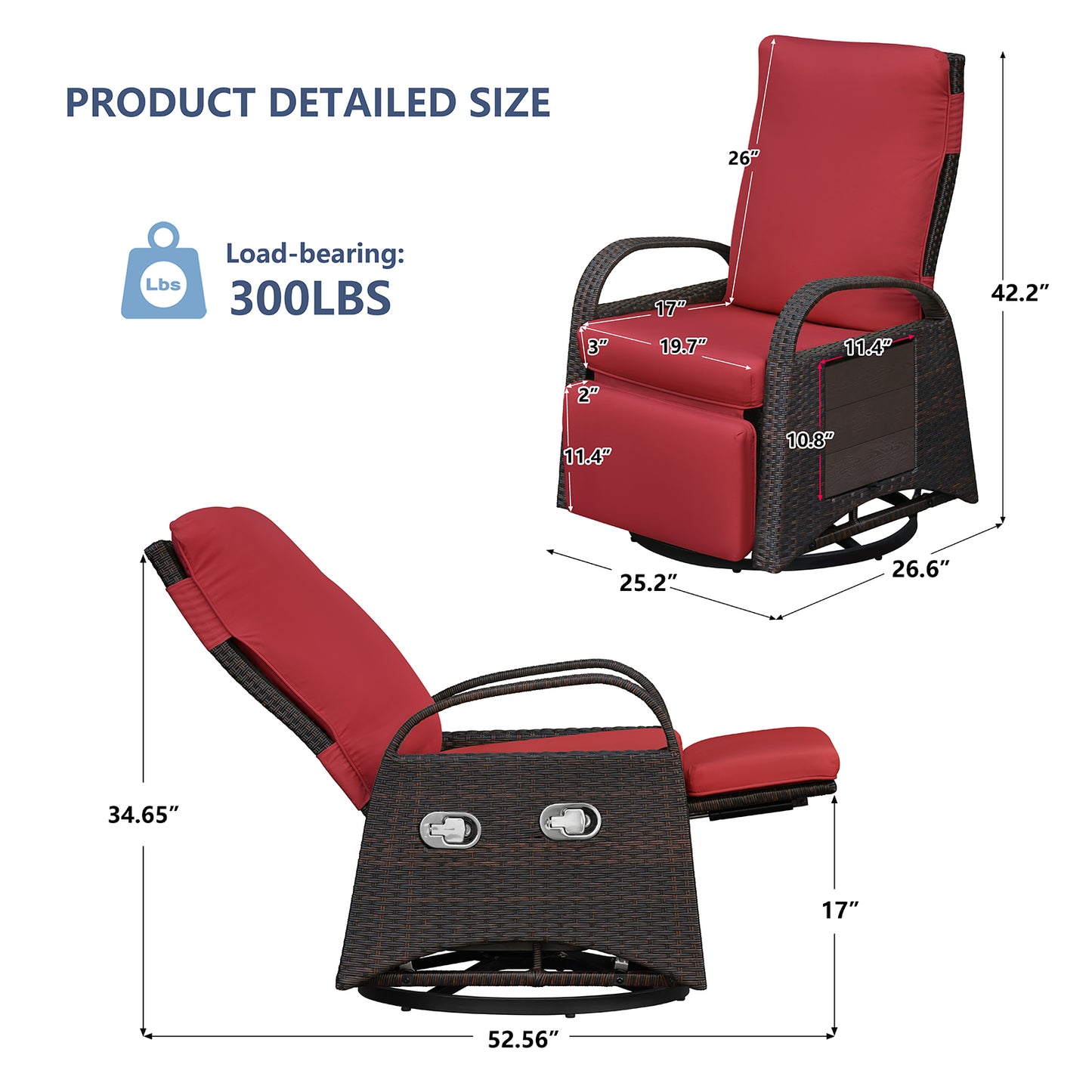 JP Outdoor Outdoor Patio Recliner Swivel Rocker Chair with Thickness Cushion,Adjustable Backrest and Footrest,for Garden,Backyard,Red