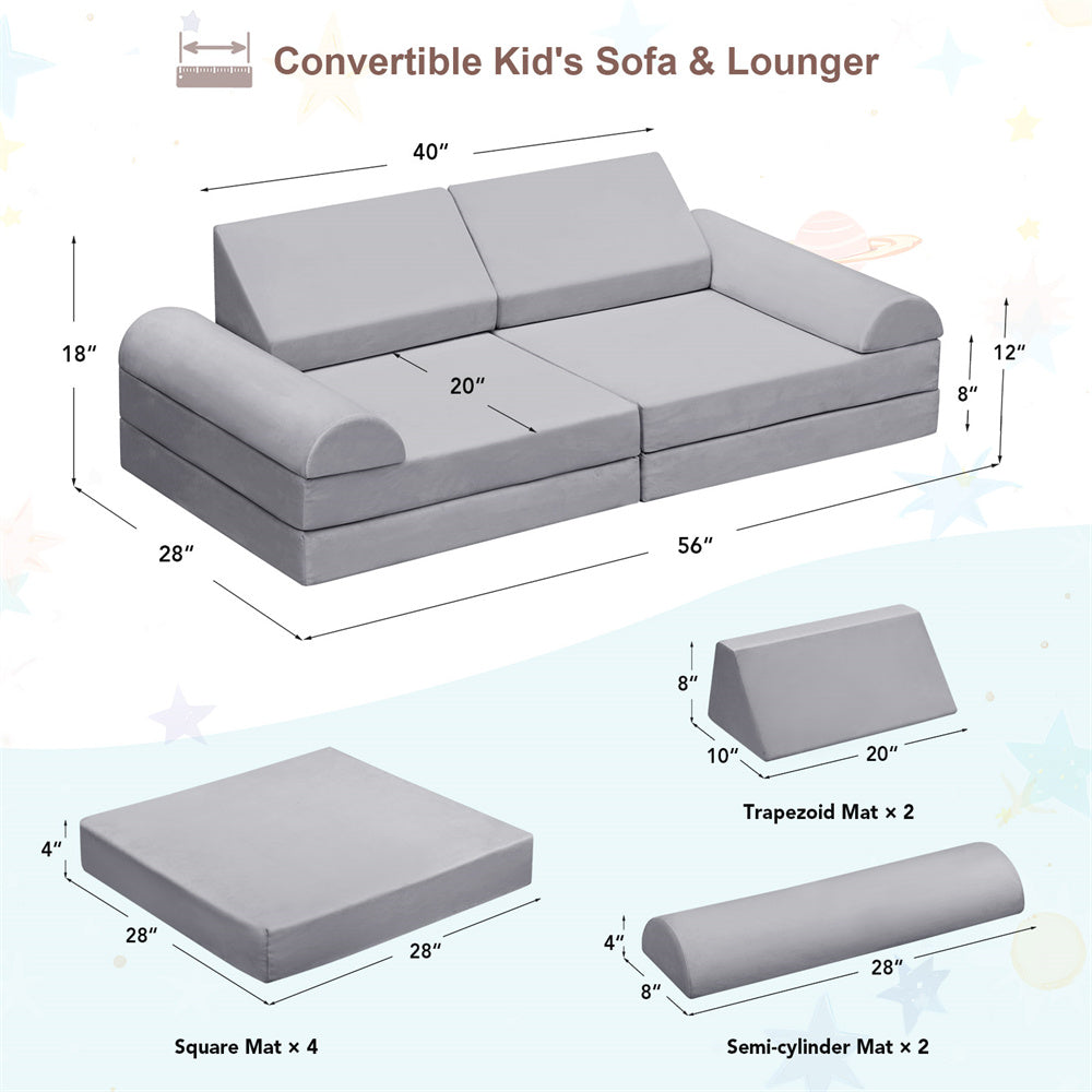JP Outdoor Modular Kids Play Couch, 8PCS Nugget Couch for Building Fort, Toddler Play Sponge Convertible Couch，Gray