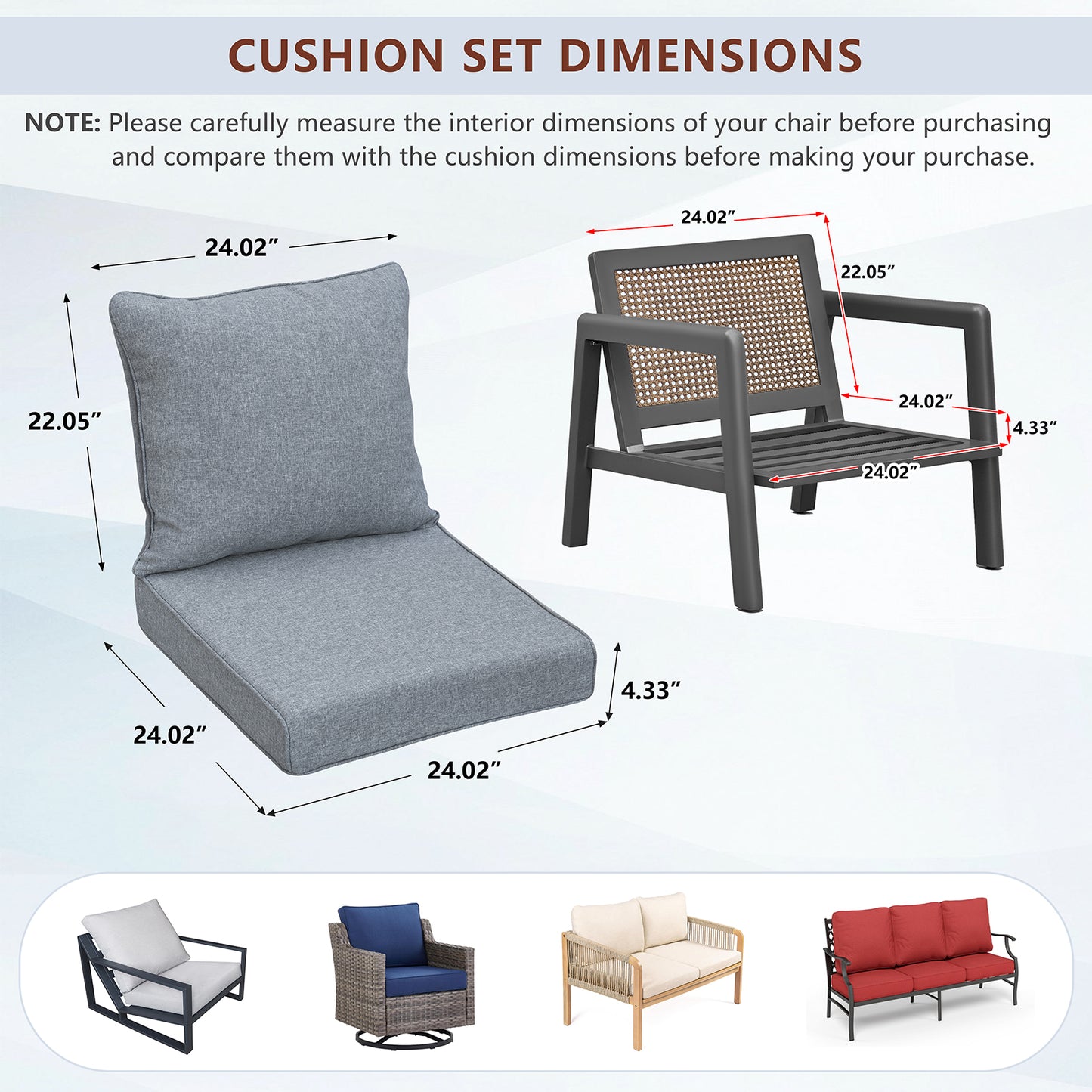 JP Outdoor 24" x 24" Patio Deep Seat Cushion Set, Outdoor Furniture Chair Cushion, Water Resistant & Fade Resistant,Gray