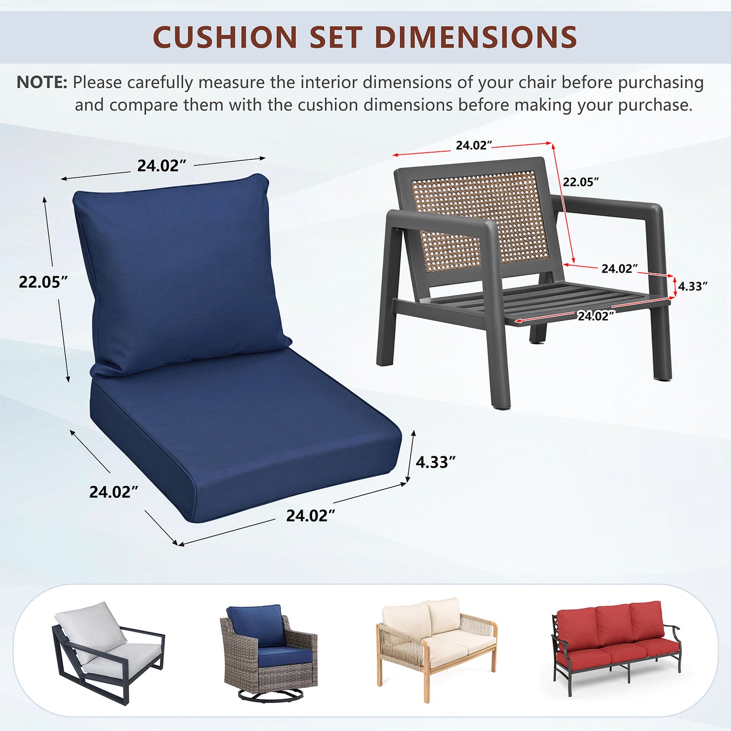 JP Outdoor 24" x 24" Patio Deep Seat Cushion Set, Outdoor Chair Cushion, Water Resistant & Fade Resistant, Navy Blue