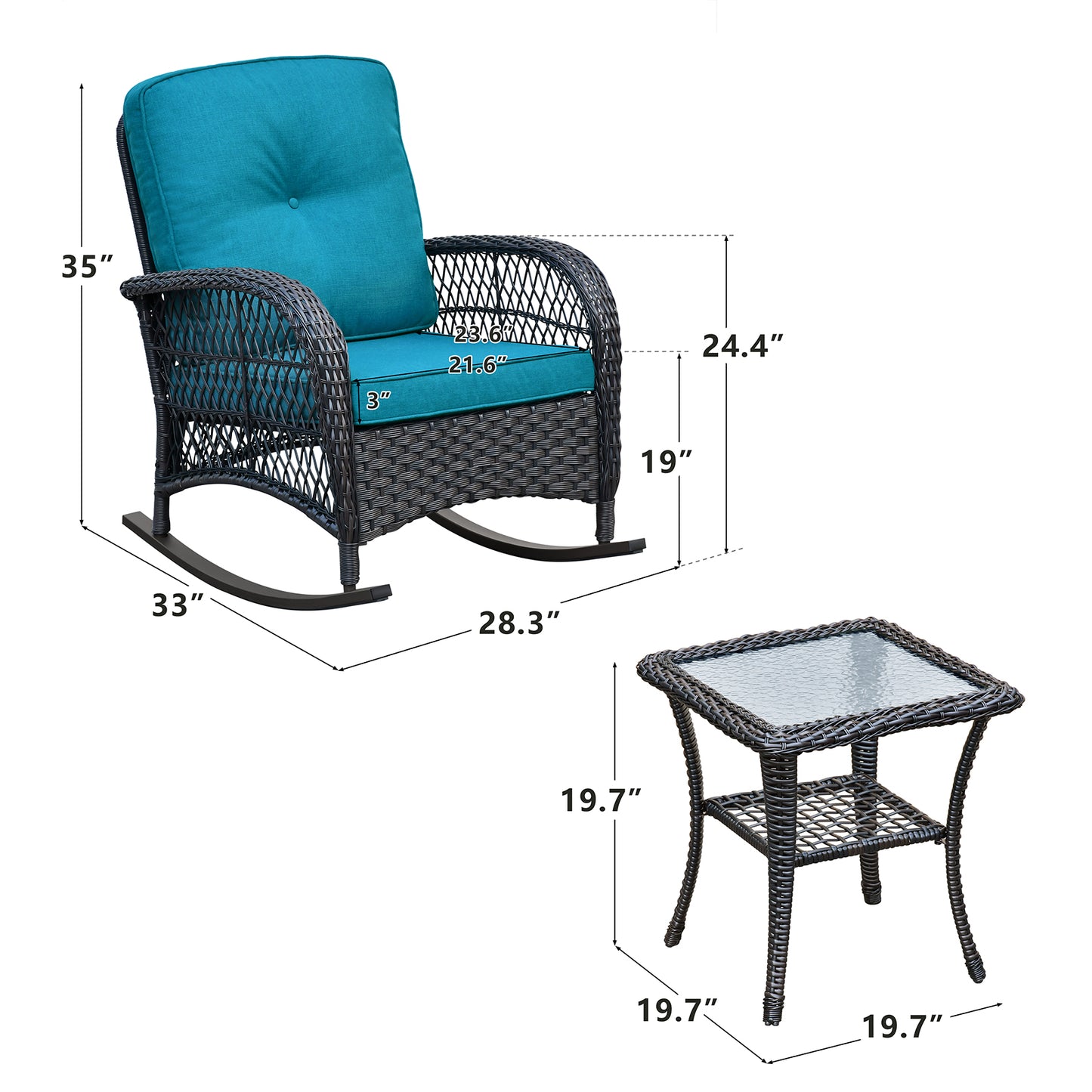 JP Outdoor 3Pcs Indoor or Outdoor Wicker Rocking Porch Chair,Cyan Blue