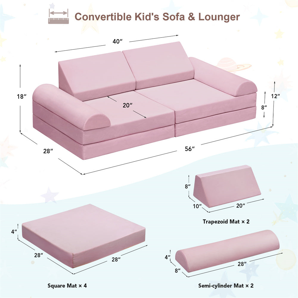 JP Outdoor Modular Kids Play Couch, 8PCS Nugget Couch for Building Fort, Toddler Play Sponge Convertible Couch，Pink
